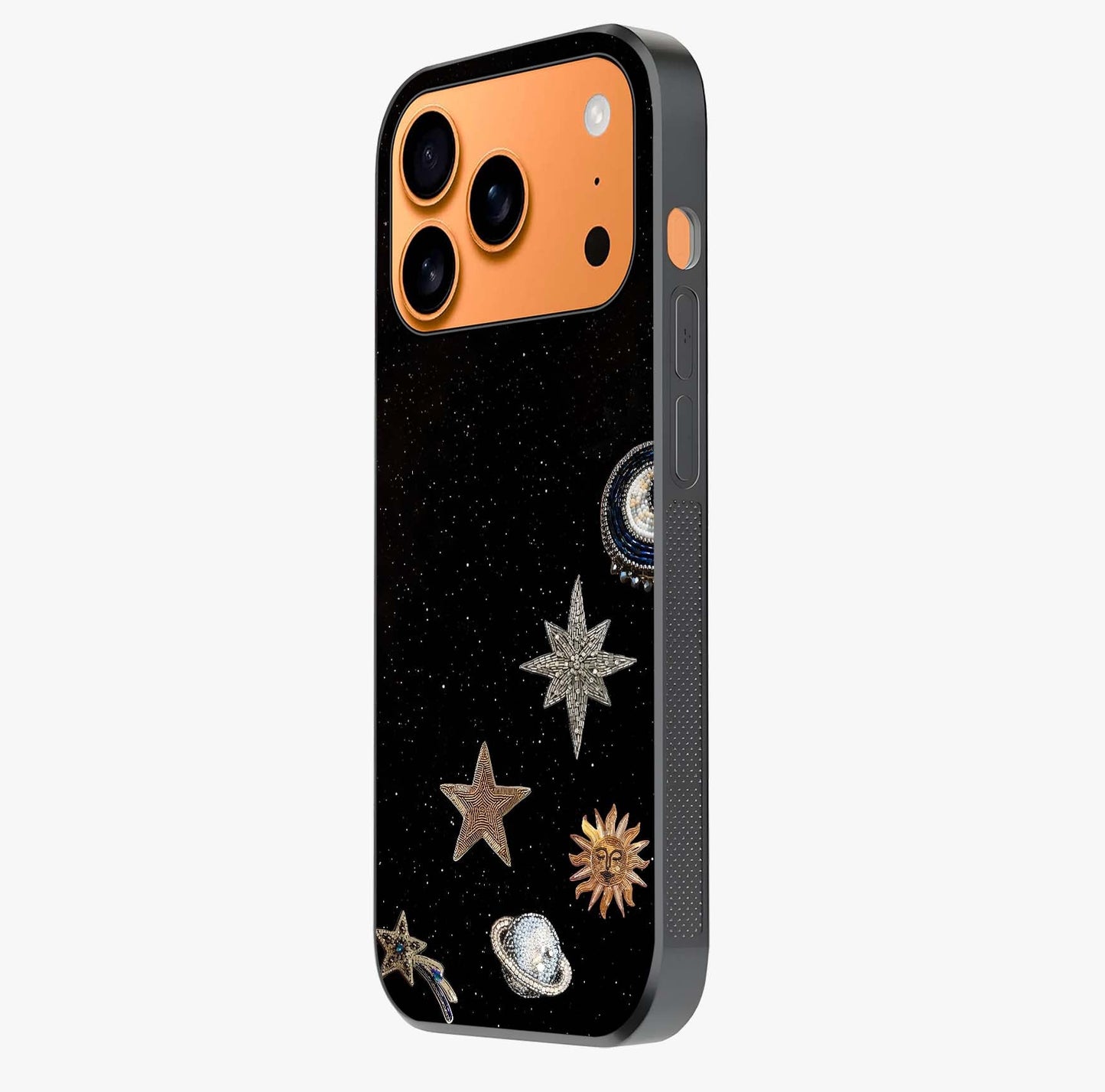 Galactic Charm Glow Glass Case photographed in natural light showing reflective finish and design depth.
