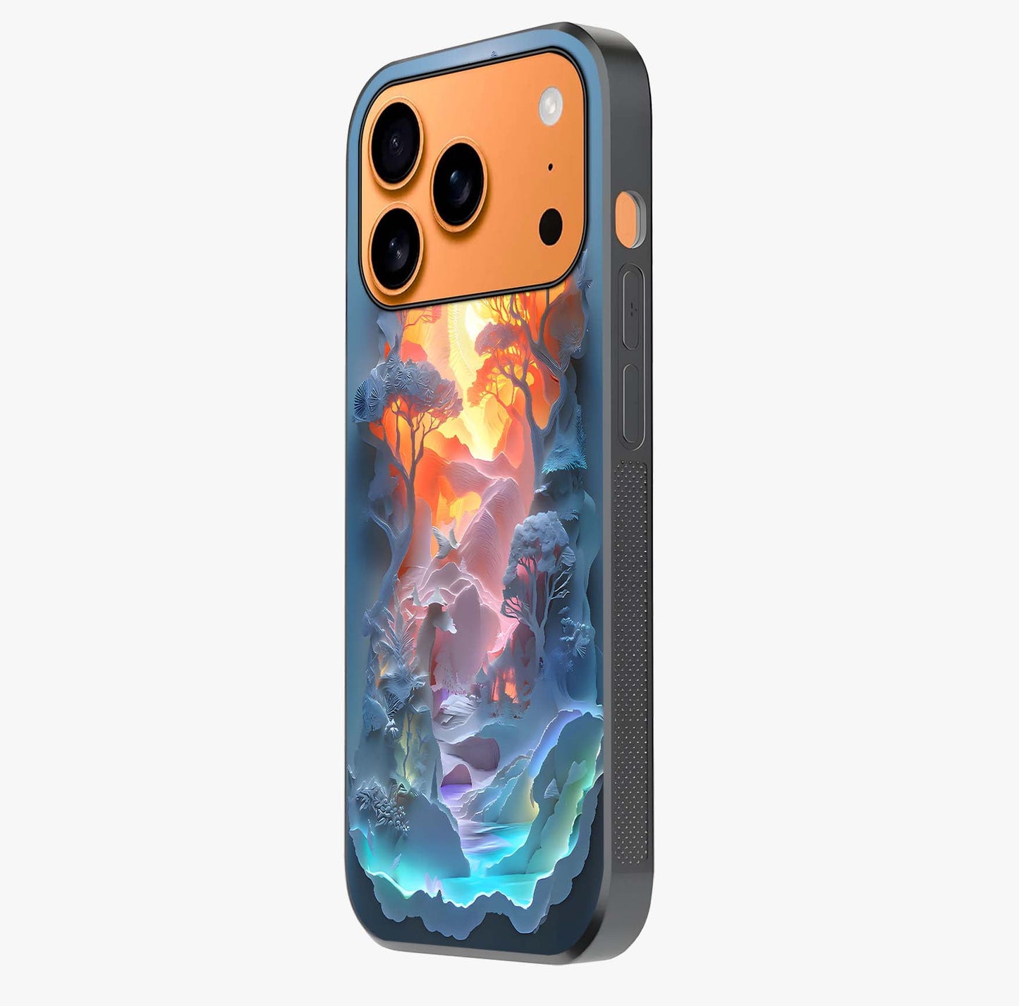 Glow Forest Portal Glass Case photographed in natural light showing reflective finish and design depth.