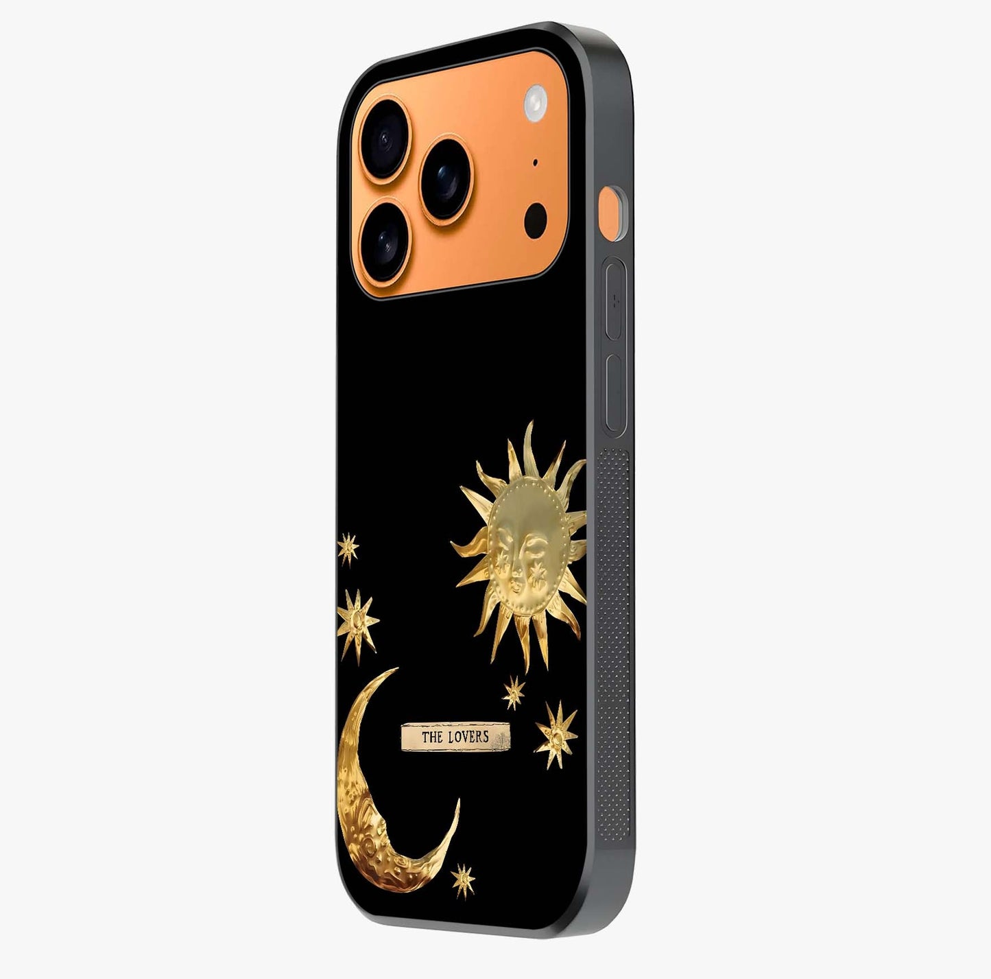 Golden Celestial Charm Glass Case photographed in natural light showing reflective finish and design depth.