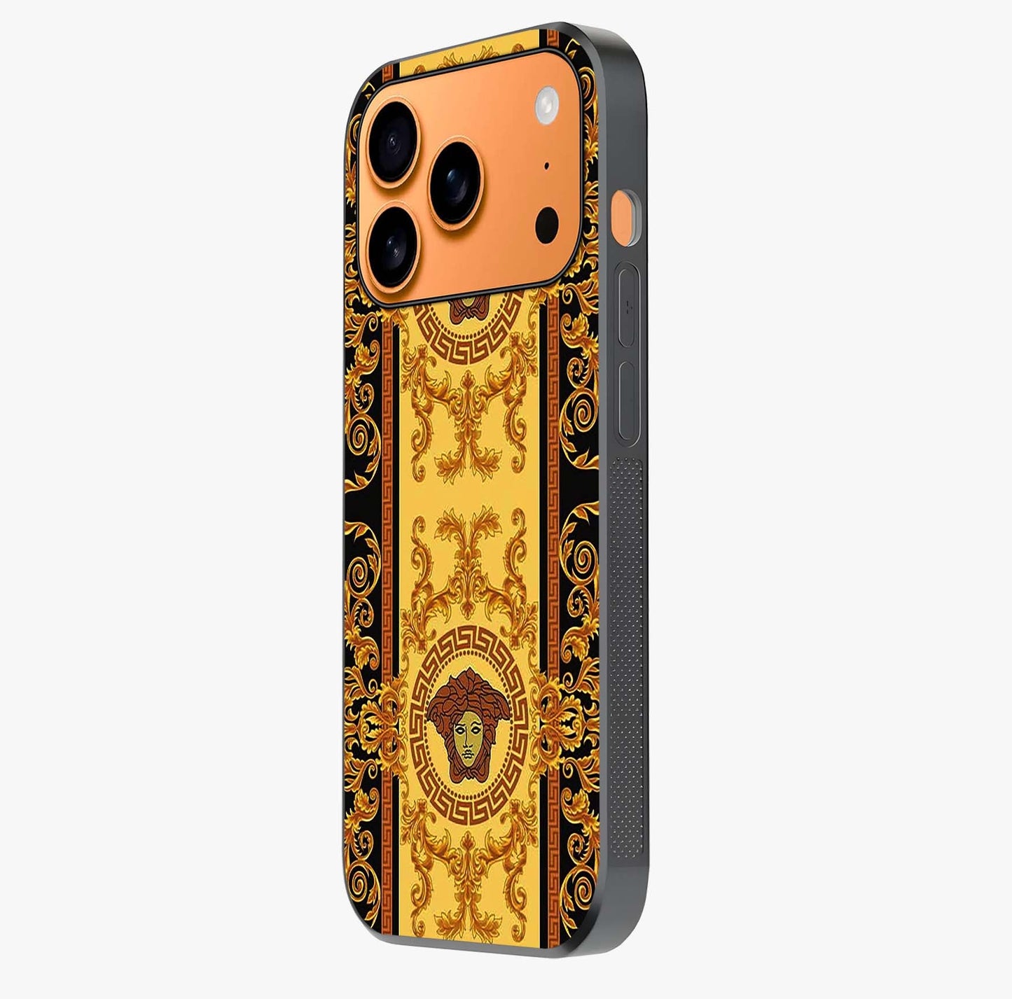 Golden Royal Heritage Glass Case photographed in natural light showing reflective finish and design depth.