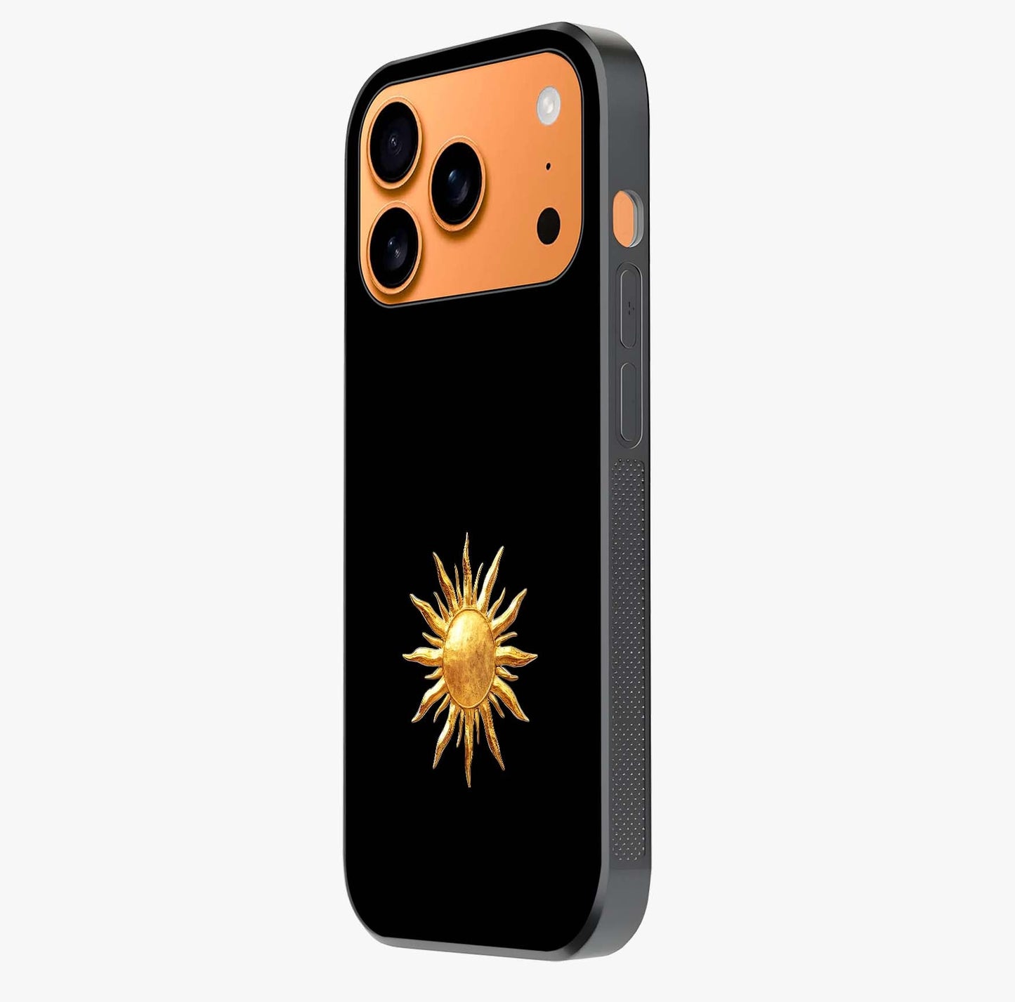 Golden Sun Minimalism Glass Case photographed in natural light showing reflective finish and design depth.
