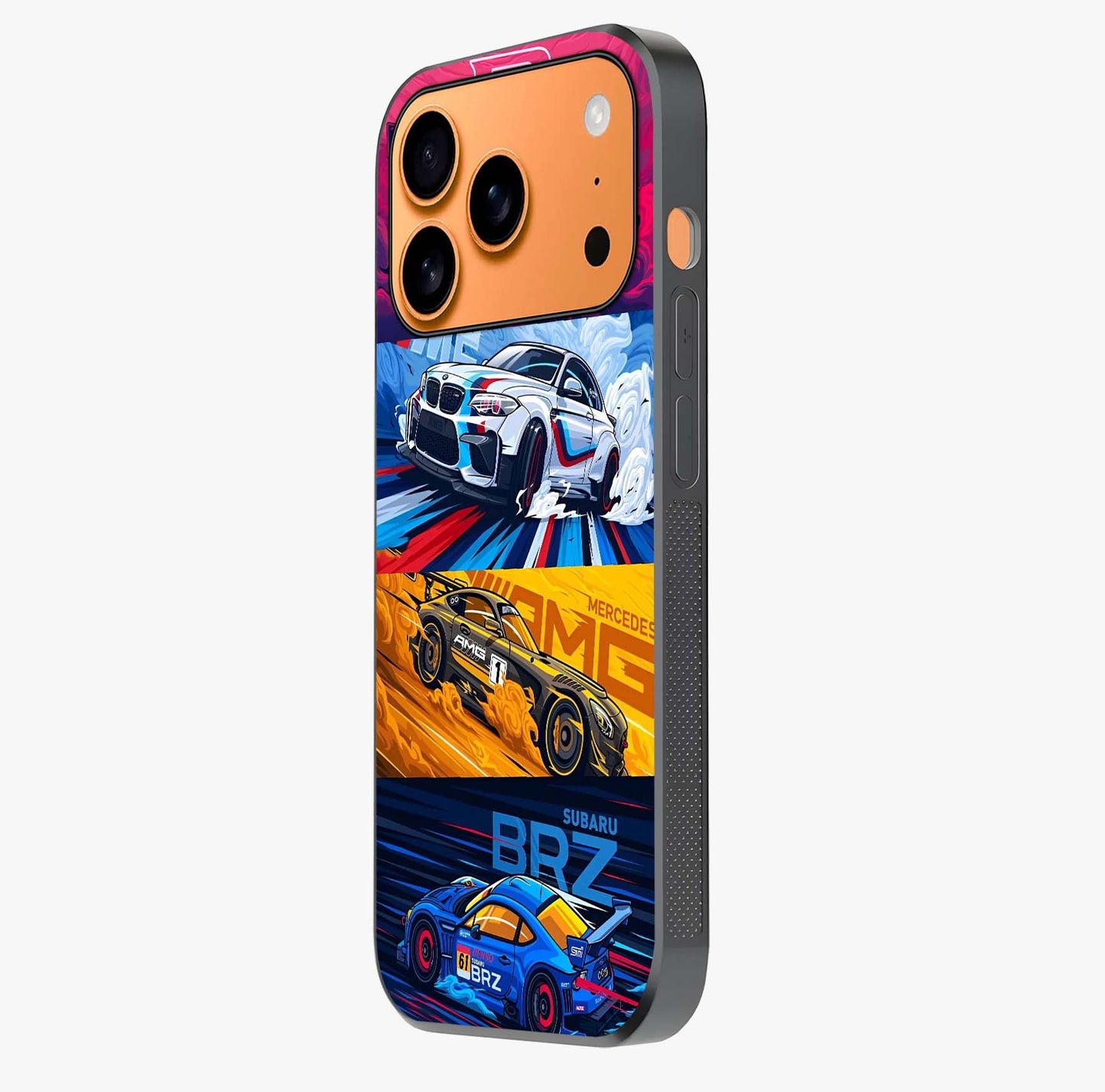 Jdm Sports Car Glass Case photographed in natural light showing reflective finish and design depth.