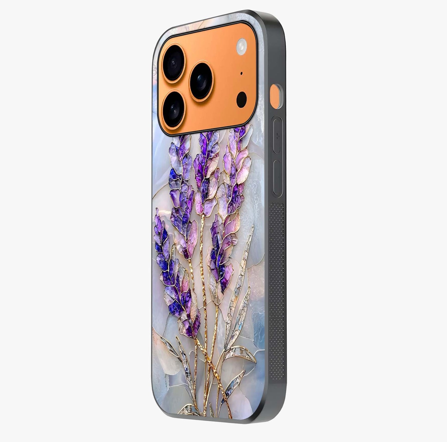 Lavender Dream Glow Glass Case photographed in natural light showing reflective finish and design depth.