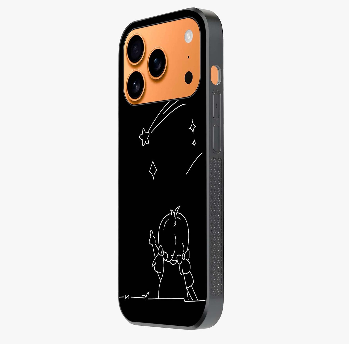 Line Art Girl With Shooting Stars Glass Case photographed in natural light showing reflective finish and design depth.