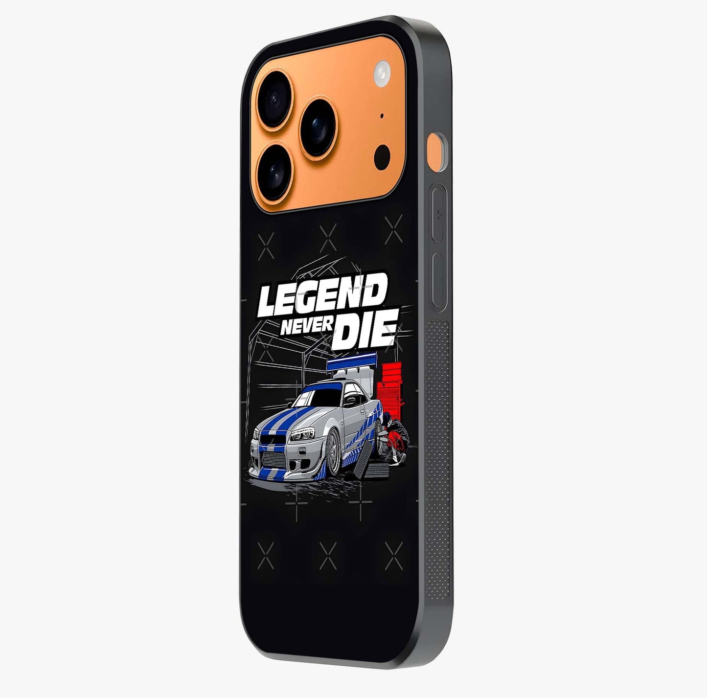 Midnight Racing Legacy Glass Case photographed in natural light showing reflective finish and design depth.