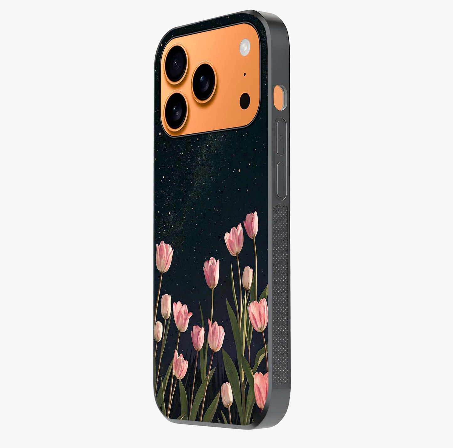 Midnight Tulip Whispers Vibe Glass Case photographed in natural light showing reflective finish and design depth.
