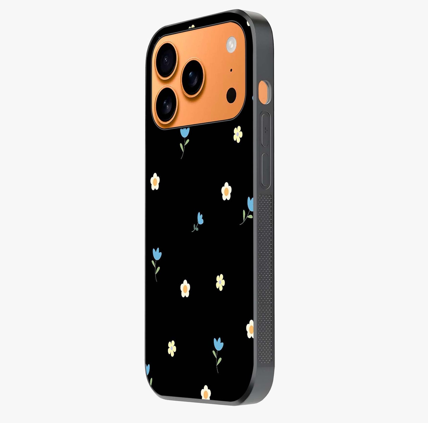 Minimalistic Blue With White Flower Pattern Glass Case photographed in natural light showing reflective finish and design depth.