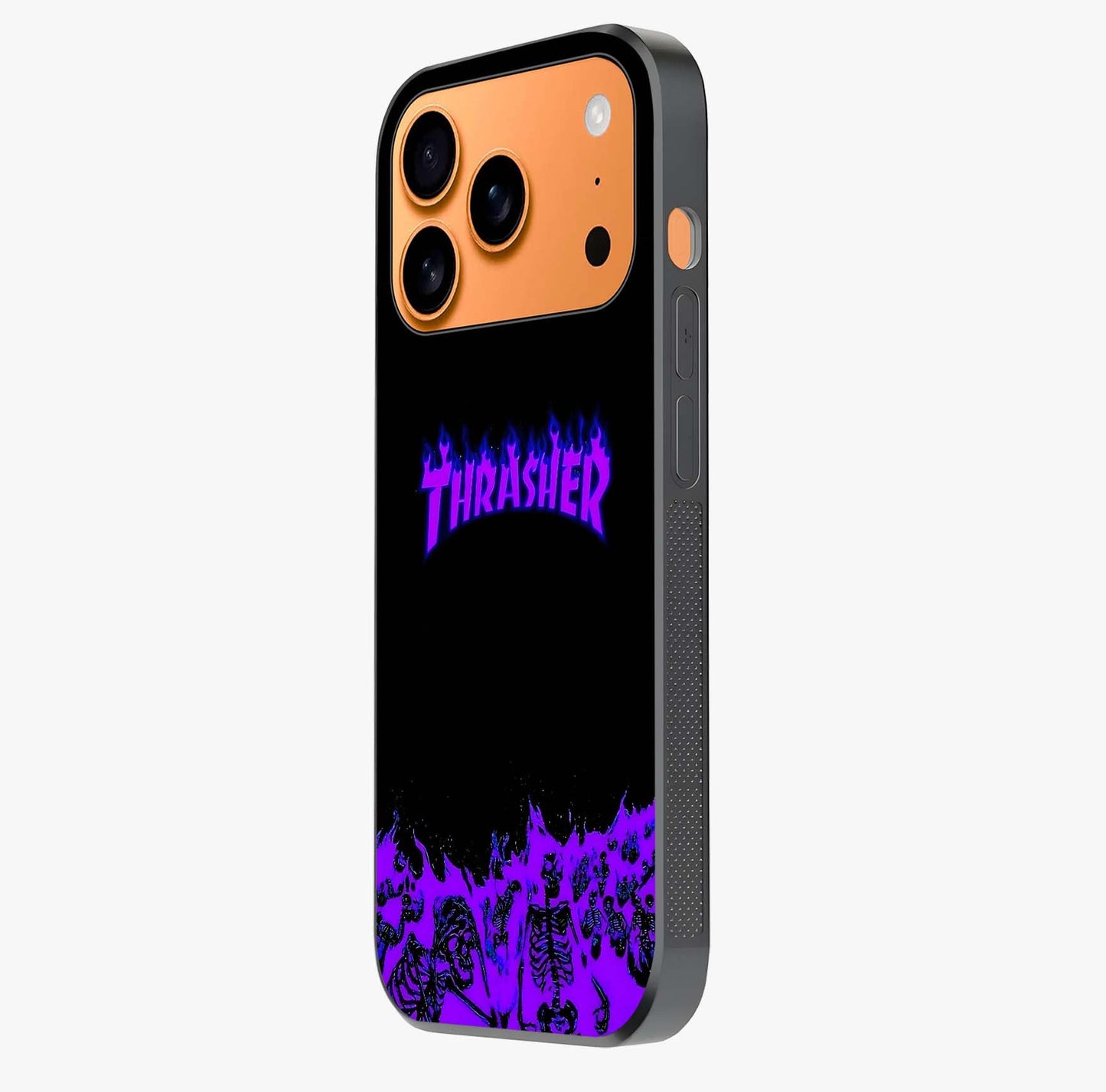 Neon Flame Riot Glass Case photographed in natural light showing reflective finish and design depth.