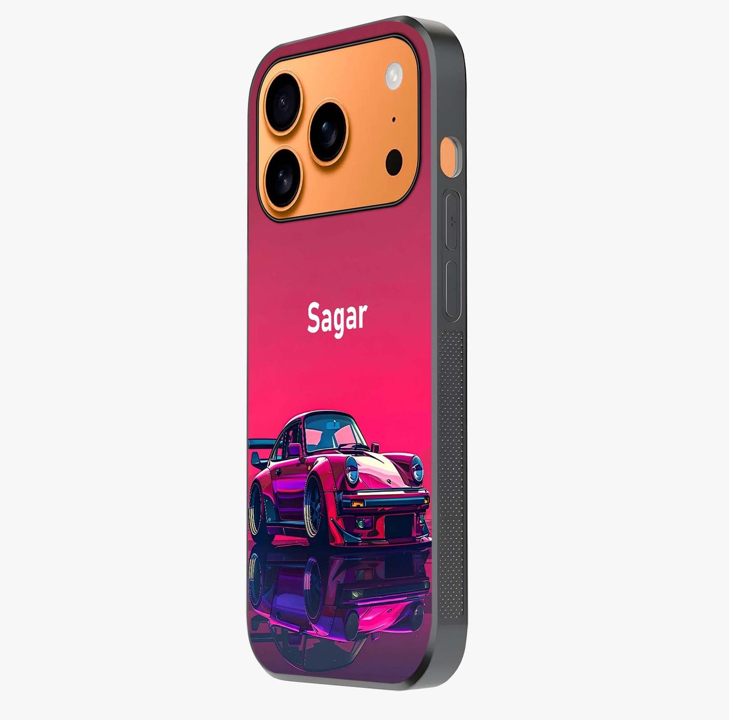 Neon Pink Porsche Glass Case photographed in natural light showing reflective finish and design depth.