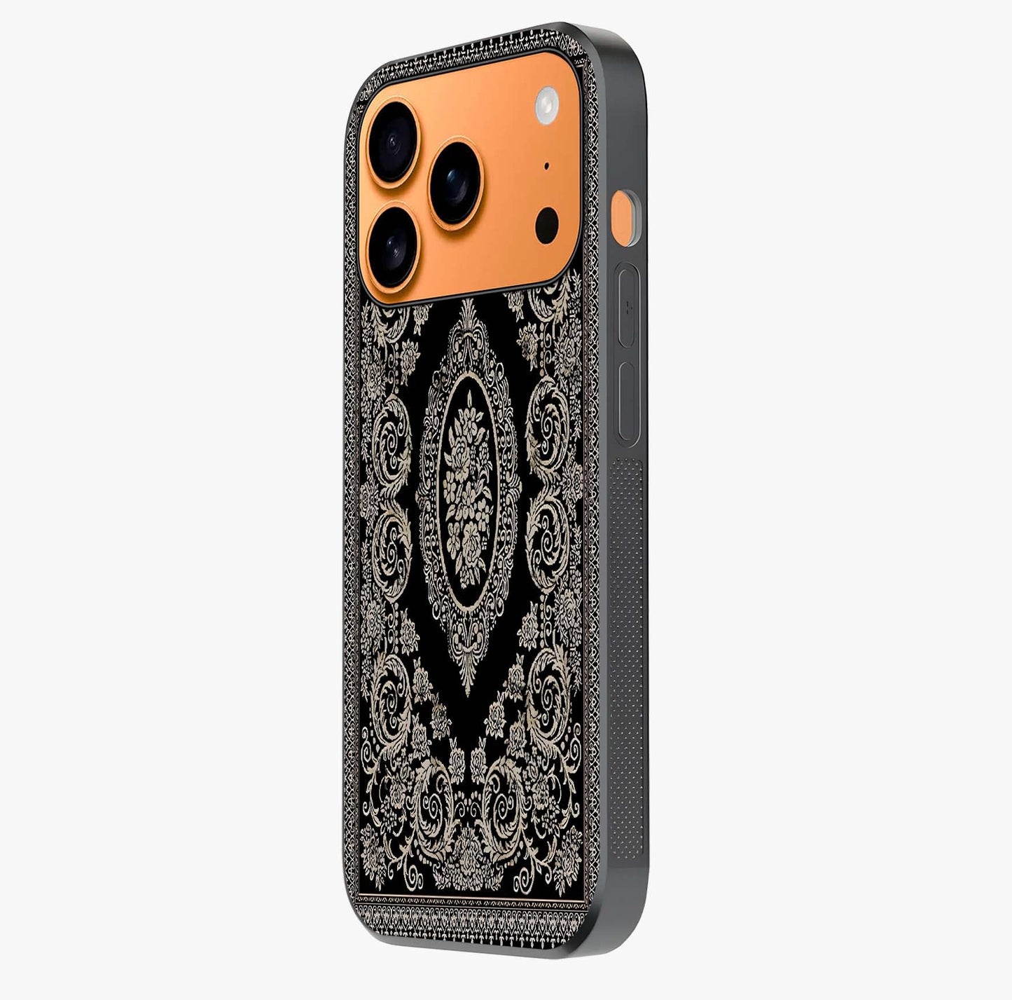 Noir Bloom Elegance Glass Case photographed in natural light showing reflective finish and design depth.