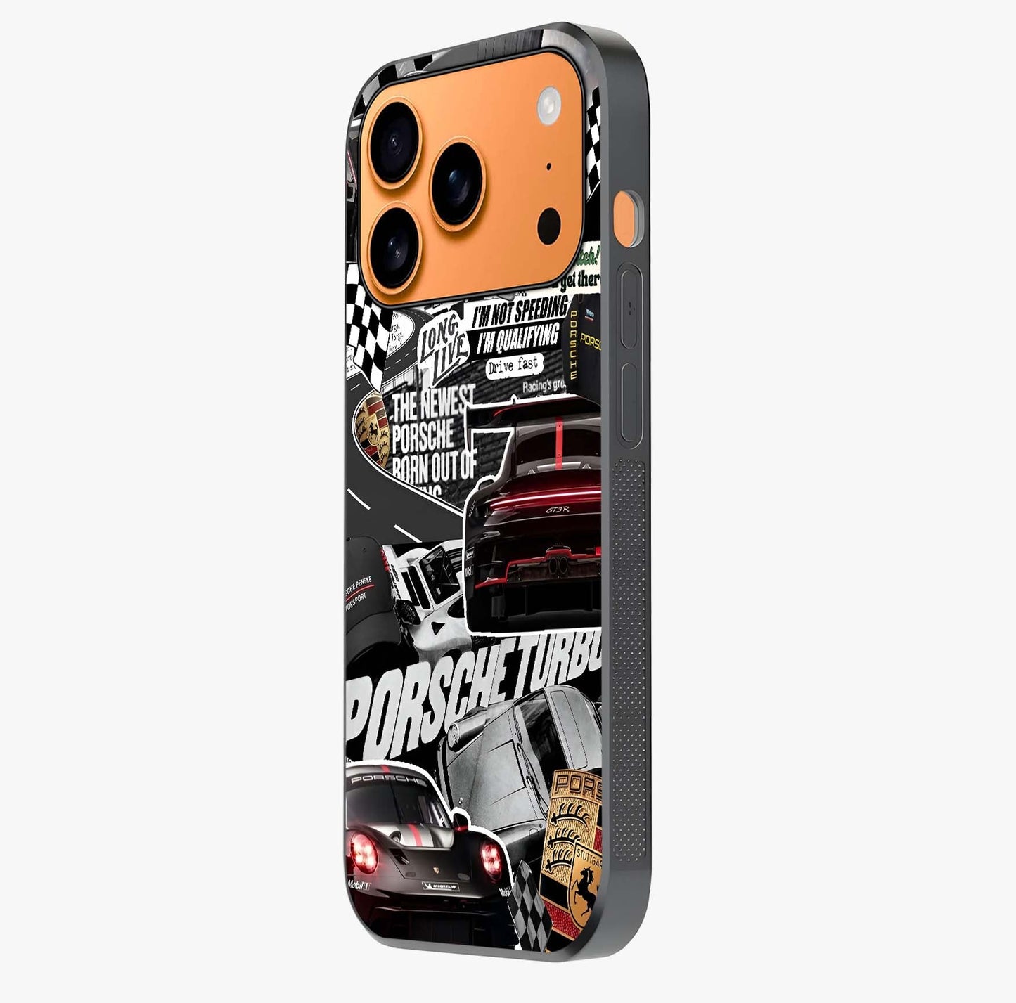 Porsche Racing Collage Glass Case photographed in natural light showing reflective finish and design depth.