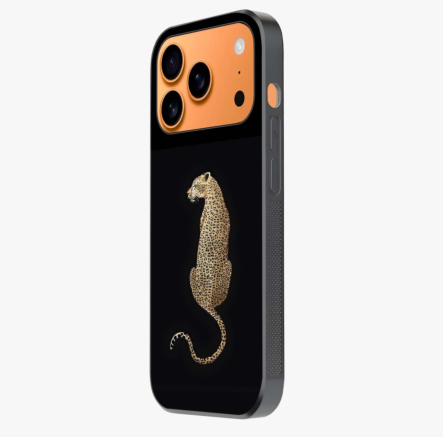 Regal Leopard Glass Case photographed in natural light showing reflective finish and design depth.