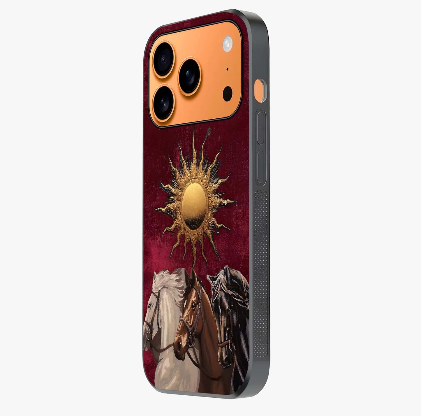 Solar Riders Glass Case photographed in natural light showing reflective finish and design depth.