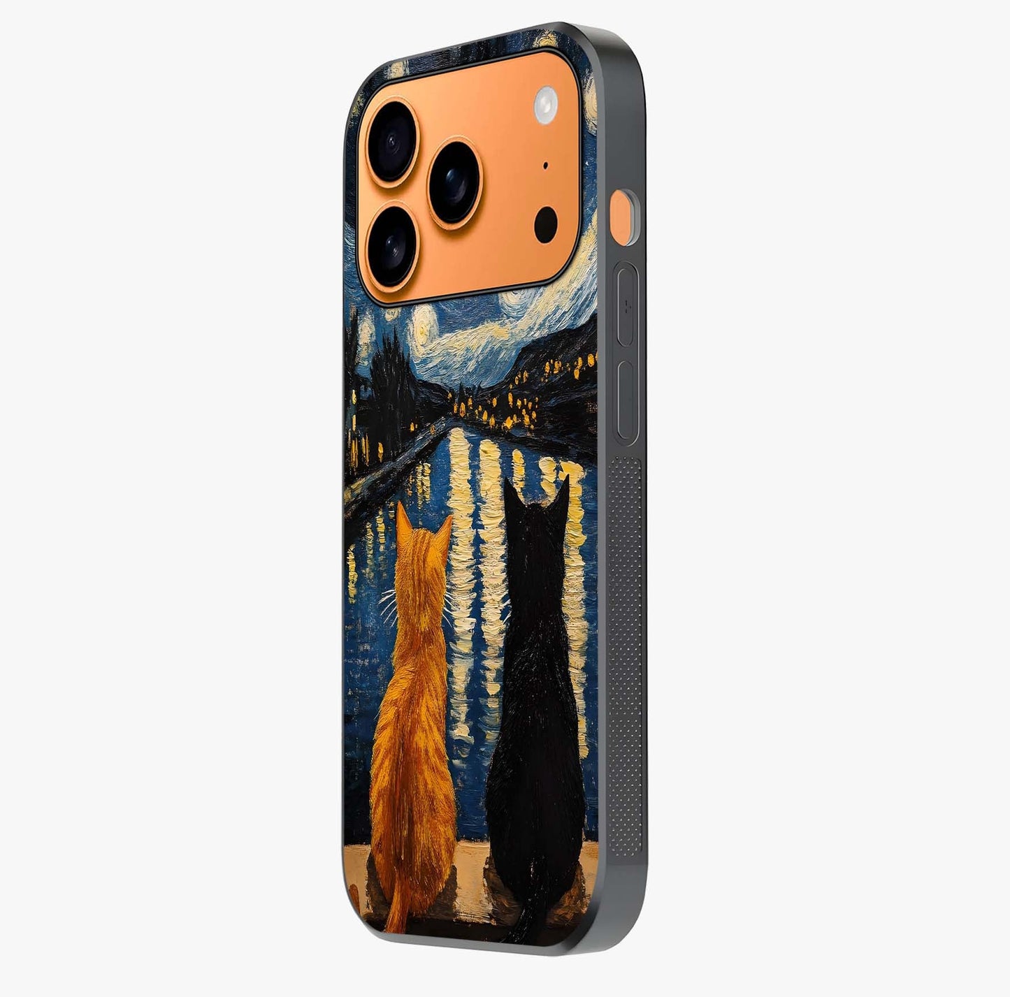 Starry River Cats Glass Case photographed in natural light showing reflective finish and design depth.