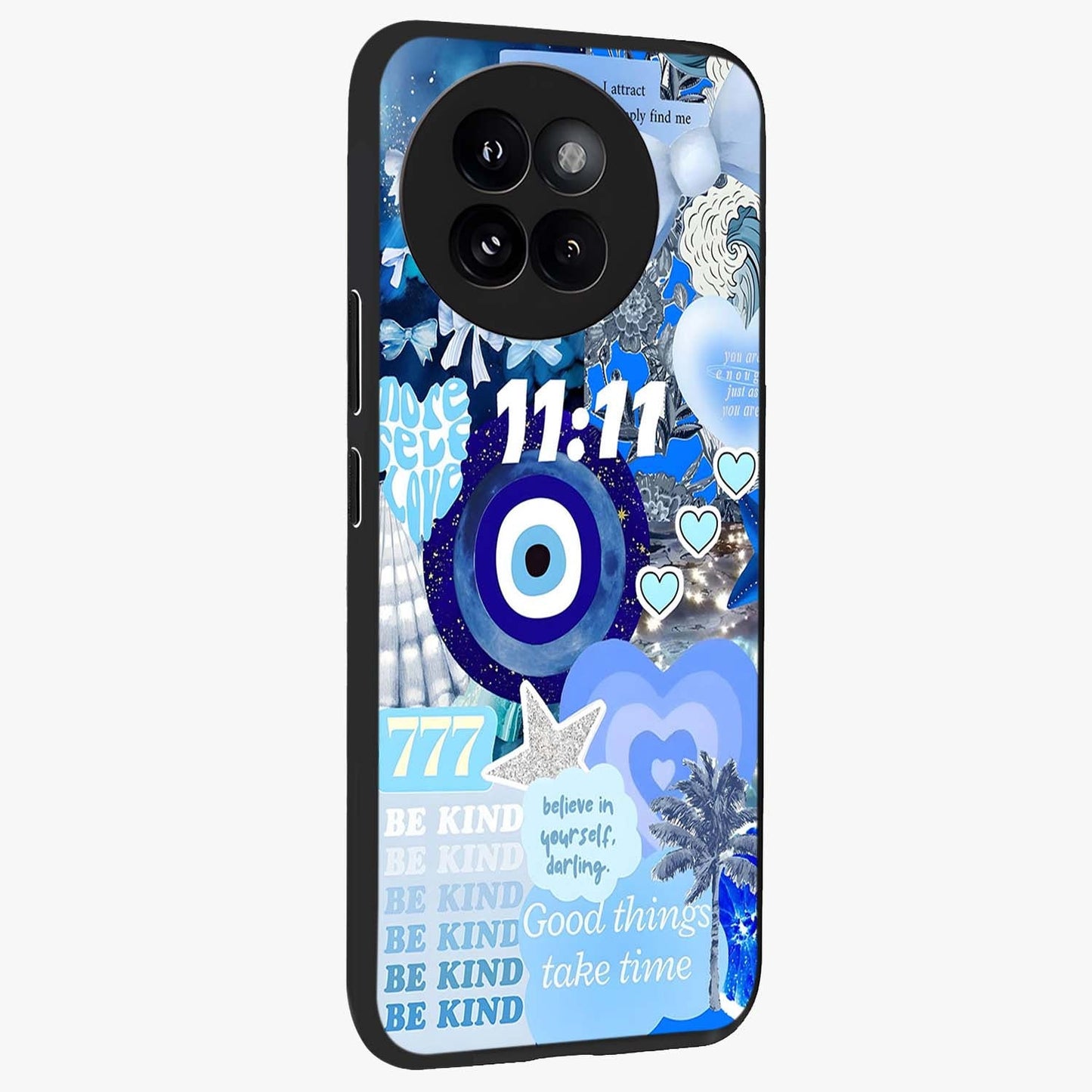 Aesthetic Be Kind Eye Glass Case upright view showcasing stylish eye illustration with positive message theme.