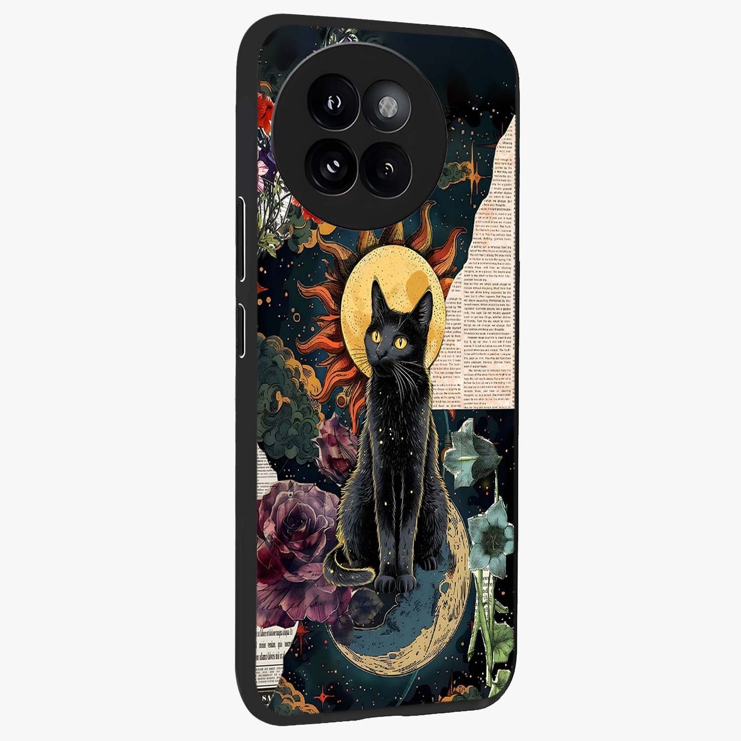 Celestial Black Cat Glass Case upright view showcasing magical black cat illustration with starry cosmic theme.