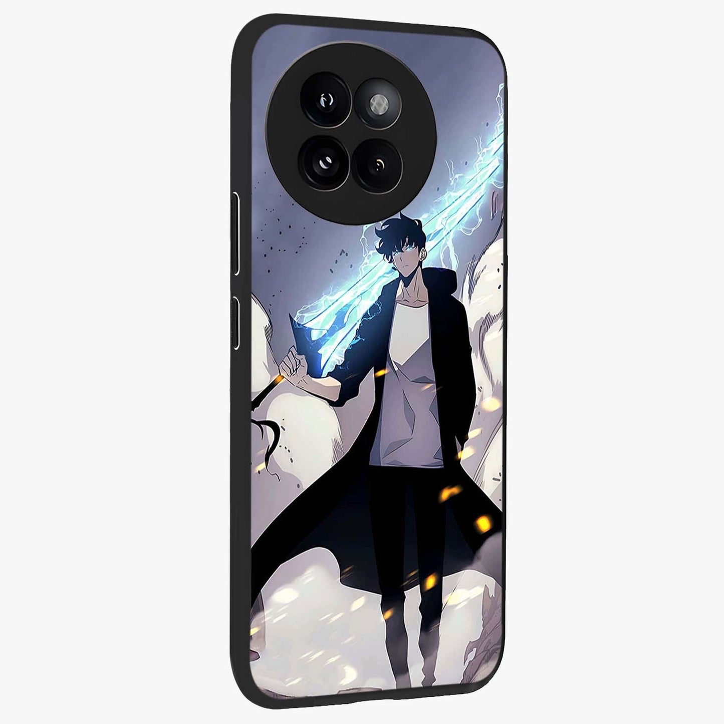 Dark Lightning Anime Warrior Glass Case upright view showcasing dramatic warrior artwork with dark lightning aesthetic.