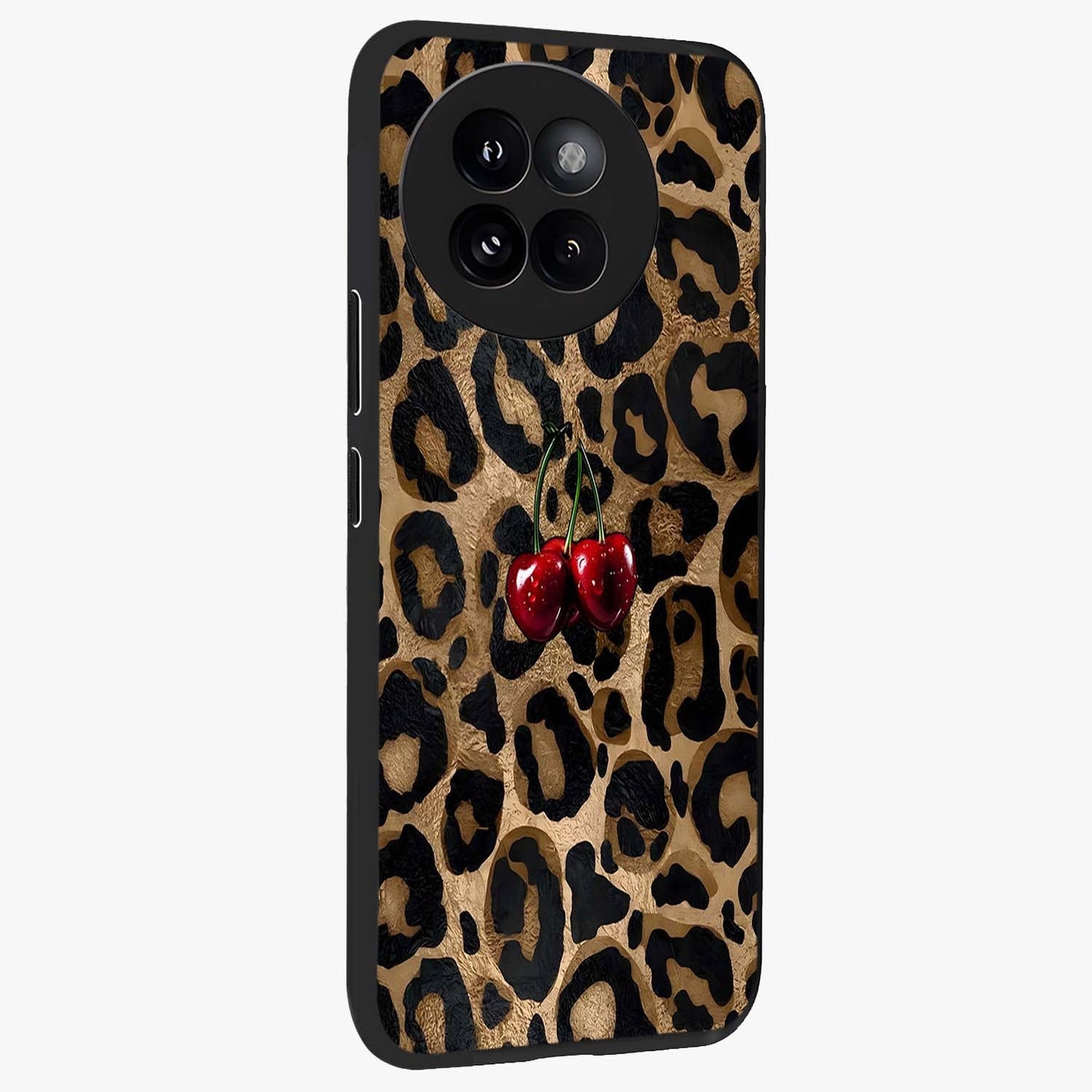Leopard Wild Cherry Glass Case upright view showcasing stylish leopard pattern artwork with trendy fashion theme.