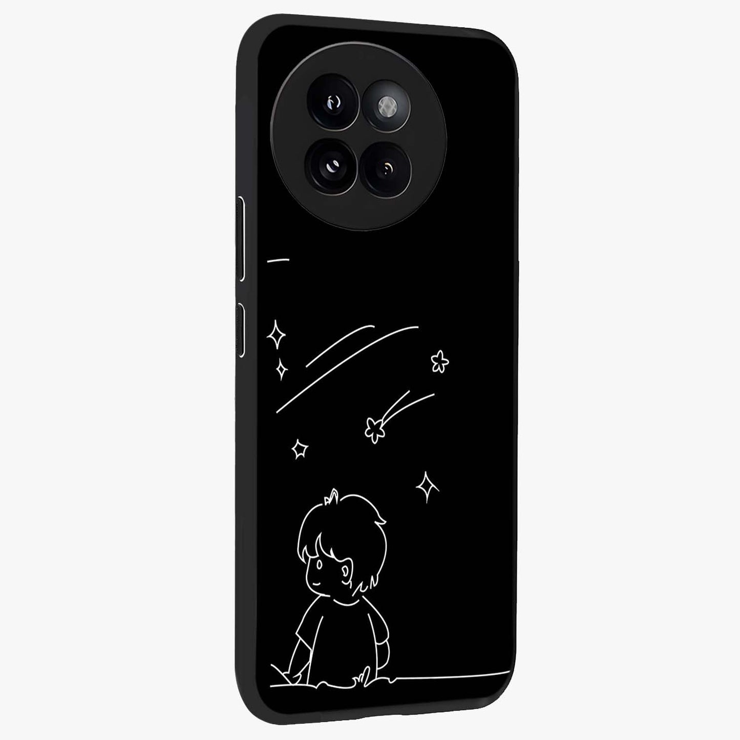 Line Art Boy With Shooting Stars Glass Case upright view showcasing artistic shooting star illustration with minimal style.