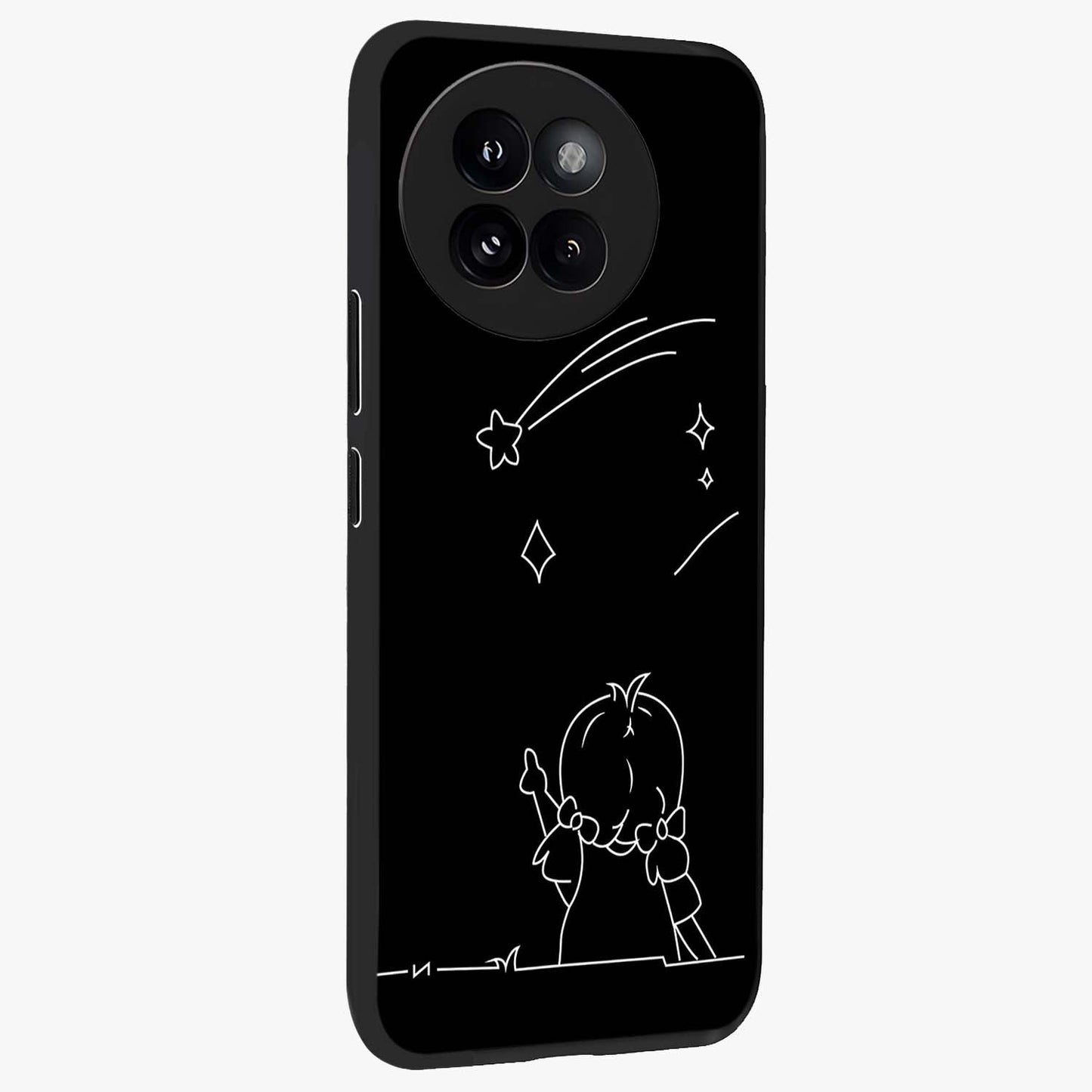 Line Art Girl With Shooting Stars Glass Case upright view showcasing delicate shooting stars artwork with minimal artistic theme.