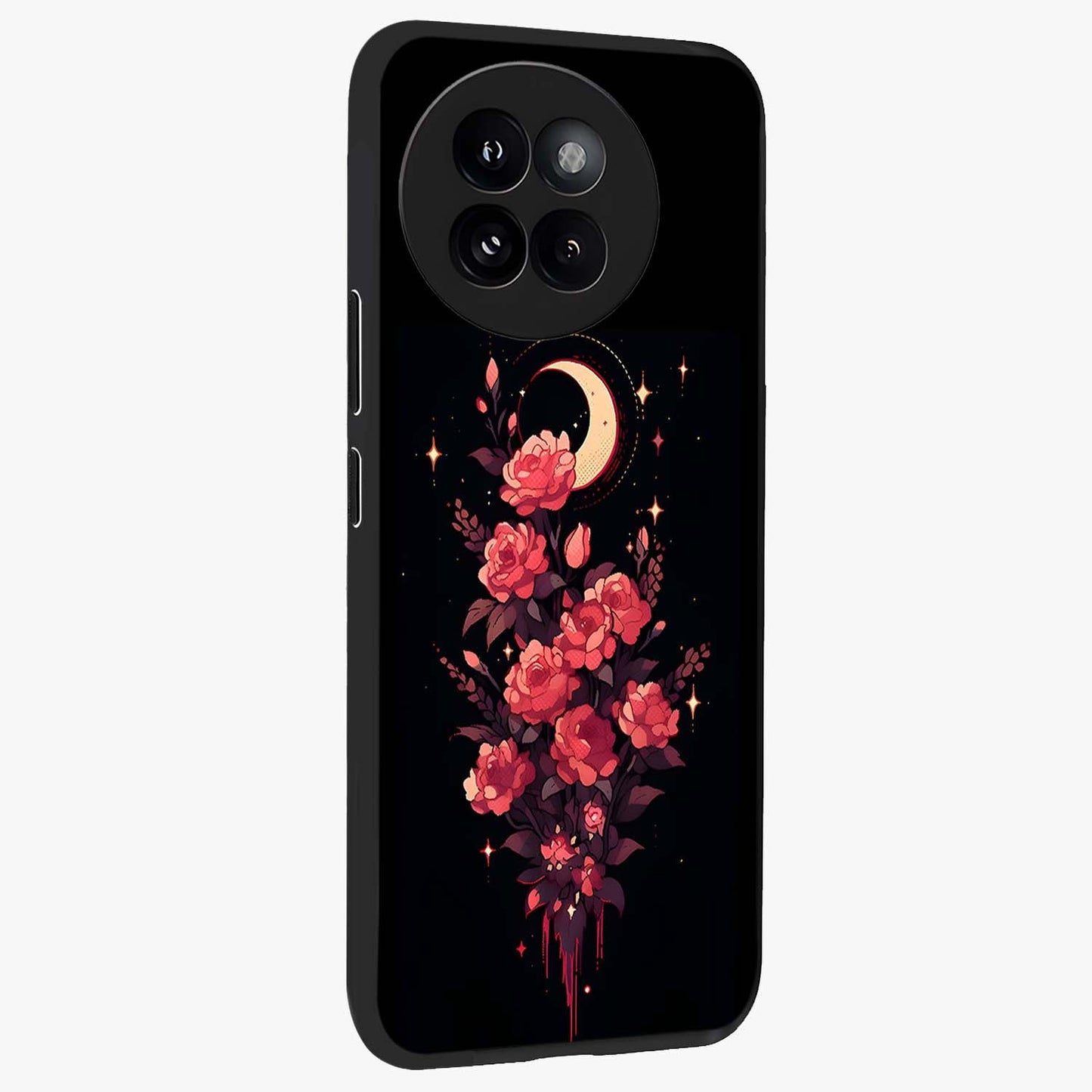 Moonlit Floral Elegance Glass Case upright view showcasing delicate floral artwork with refined night inspired theme.