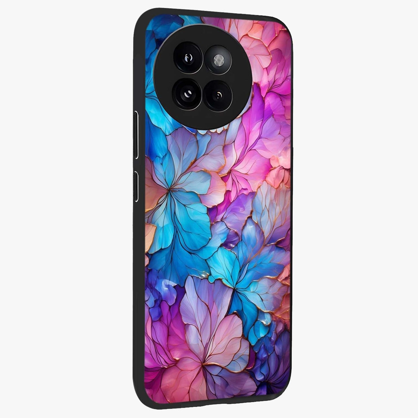 Radiant Floral Whirl Glass Case upright view showcasing lively floral artwork with decorative swirl theme.