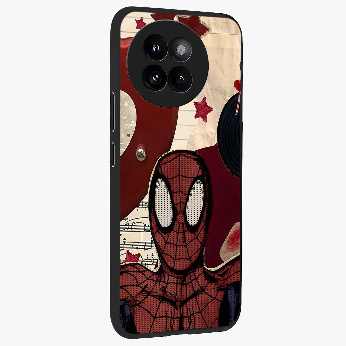 Web Warrior Vibes Glass Case upright view showcasing energetic superhero artwork with bold action theme.