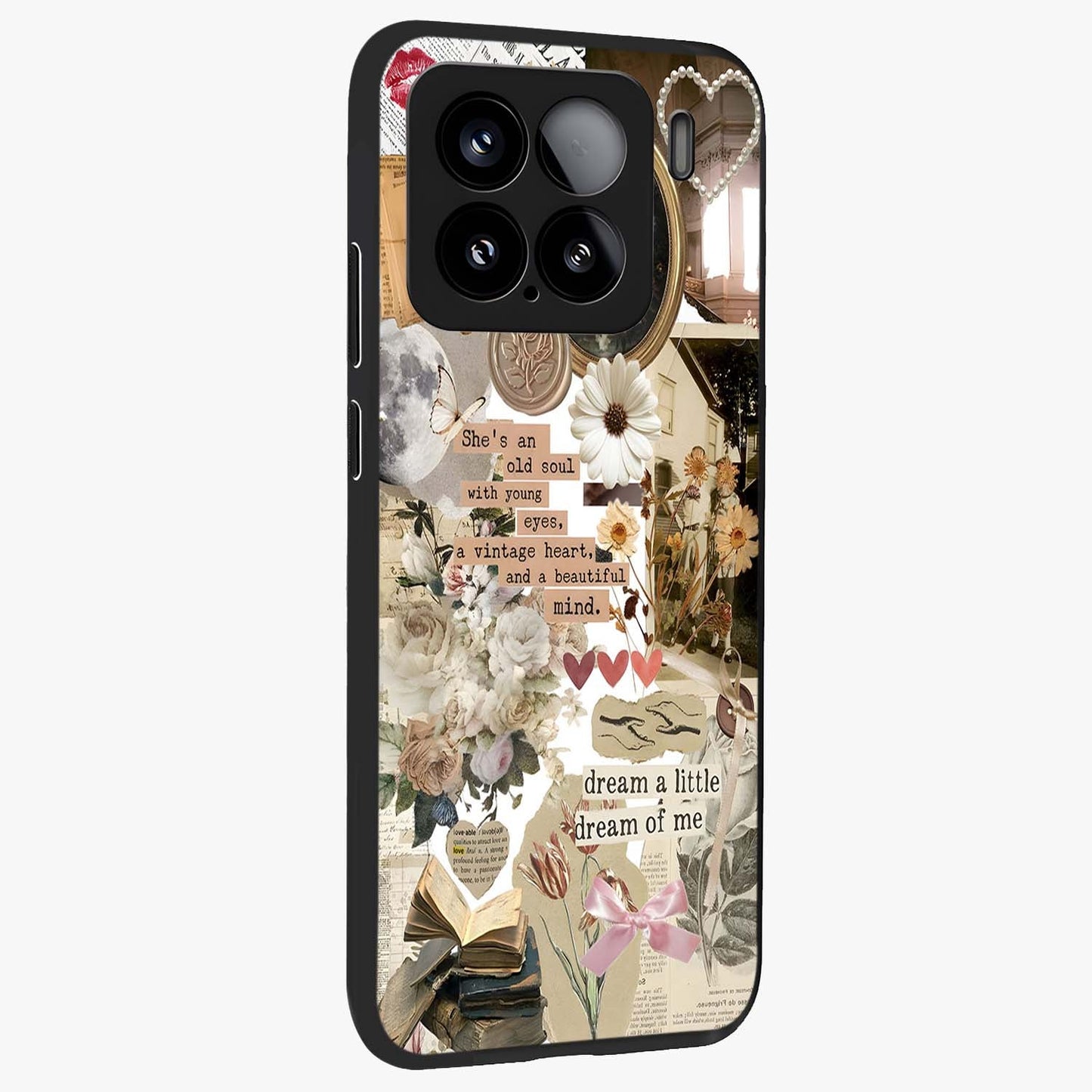 Aesthetic Brown Vintage Collage Glass Case upright view showcasing nostalgic retro artwork with stylish vintage theme.