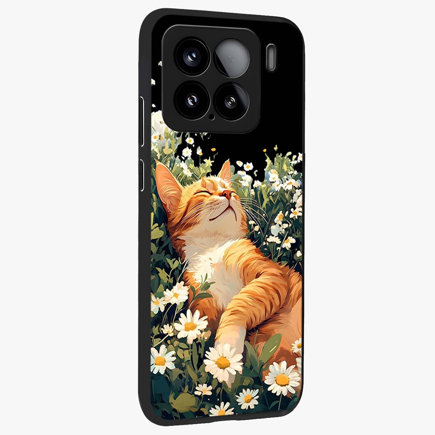 Blissful Bloom Cat Glass Case upright view showcasing charming cat design surrounded by blooming floral elements.