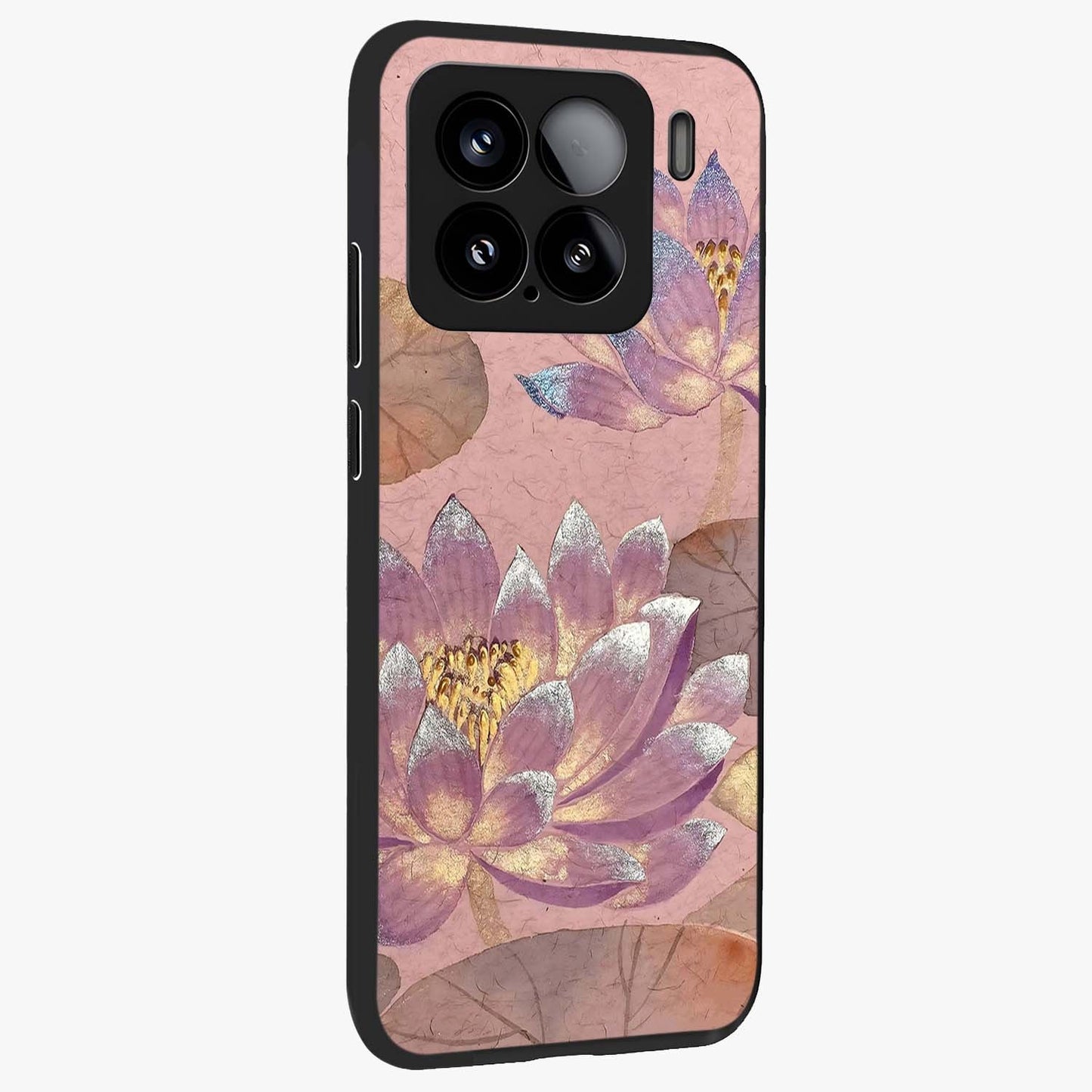 Blossom Mist Lotus Glass Case upright view showcasing graceful lotus flower design with peaceful botanical style.
