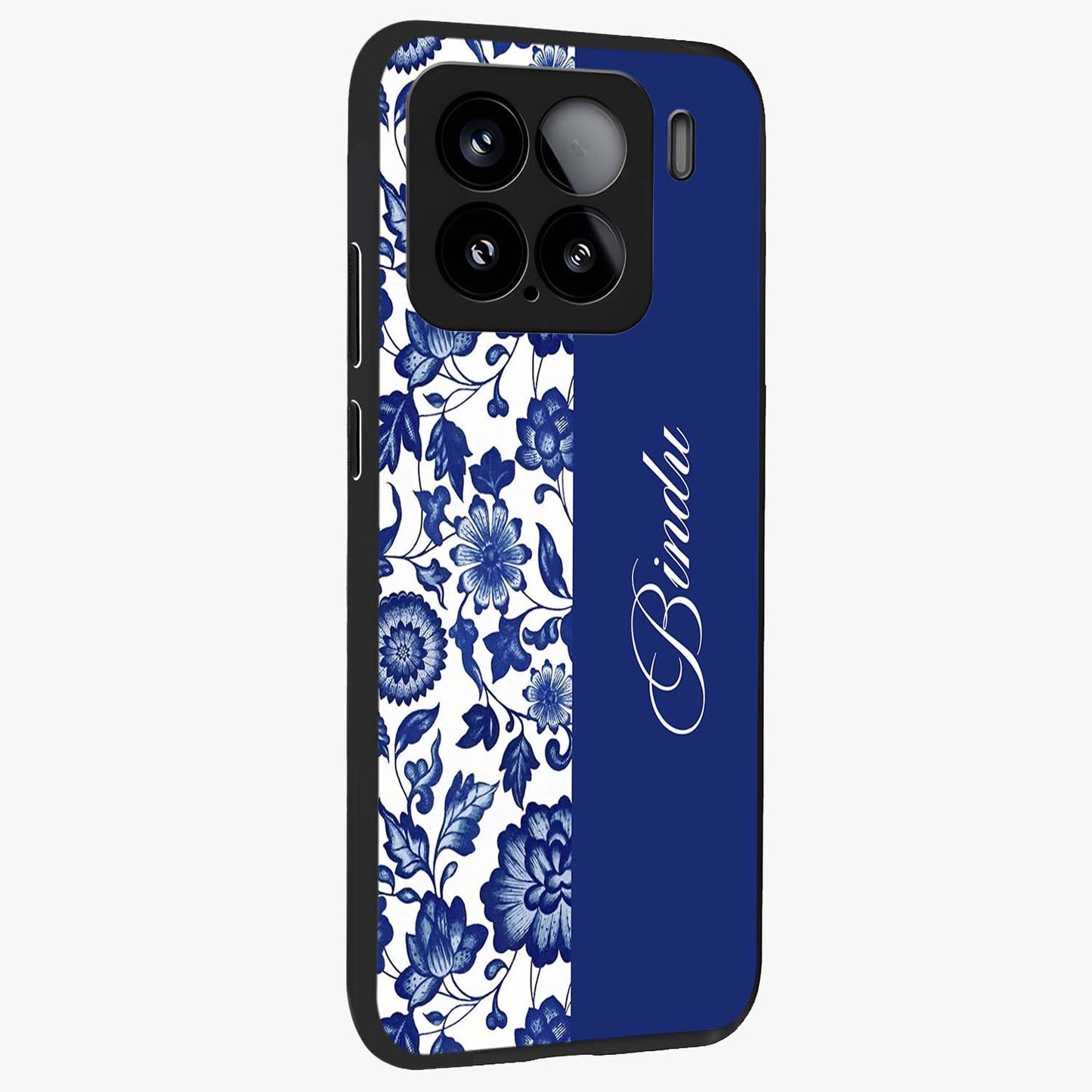 Blue Vintage Floral Pattern Glass Case upright view showcasing delicate blush floral texture with modern minimal style.