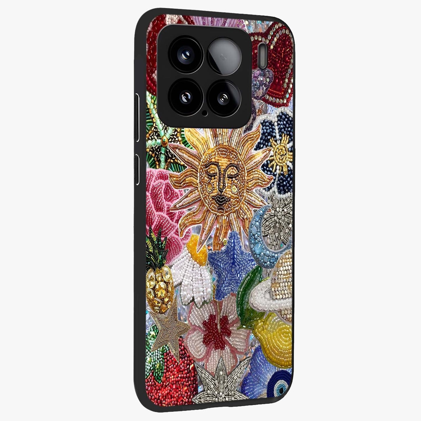 Celestial Floral and Playful Glass Case upright view showcasing whimsical floral artwork with cosmic aesthetic theme.