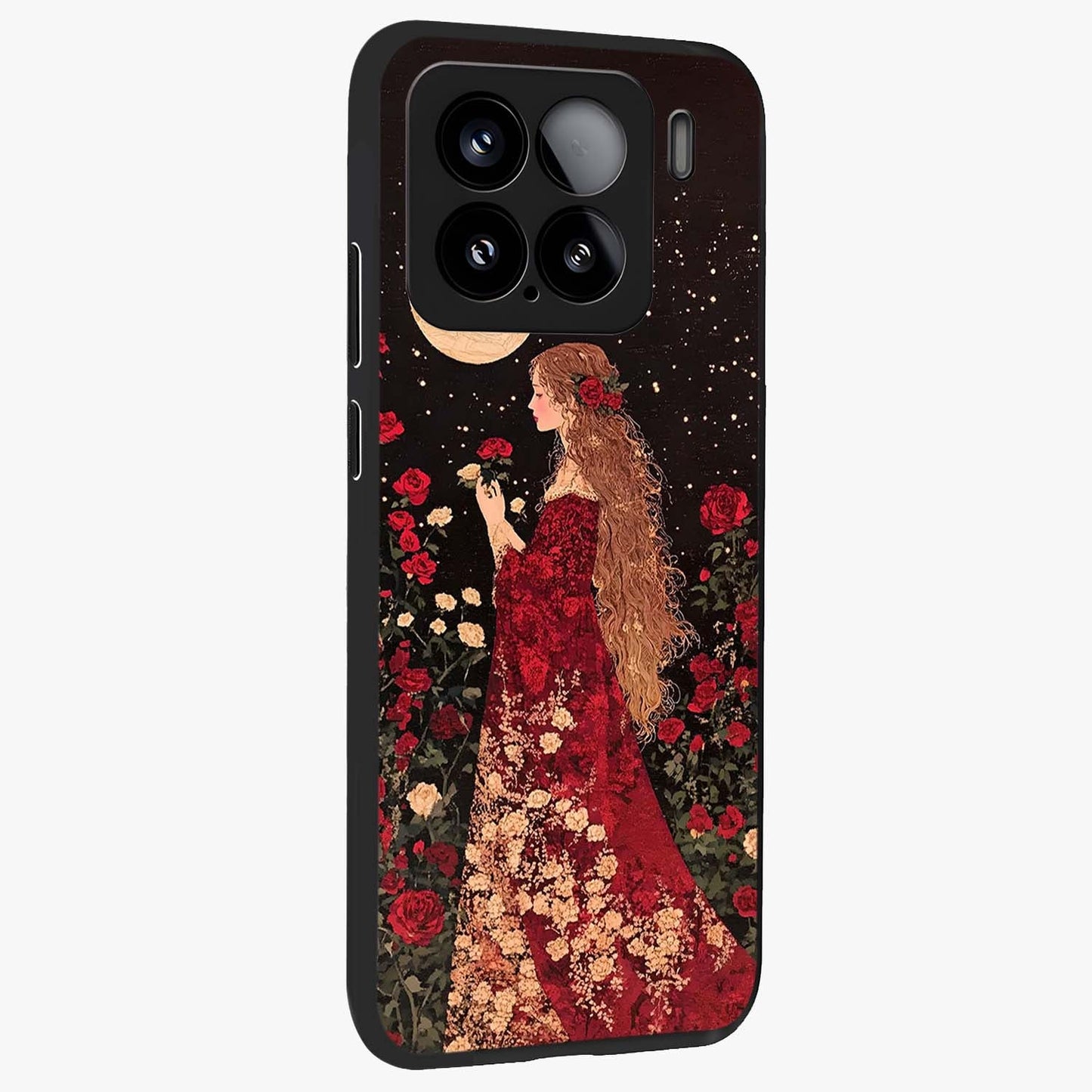 Crimson Dreams Glass Case upright view showcasing dreamy red toned artwork with modern aesthetic style.