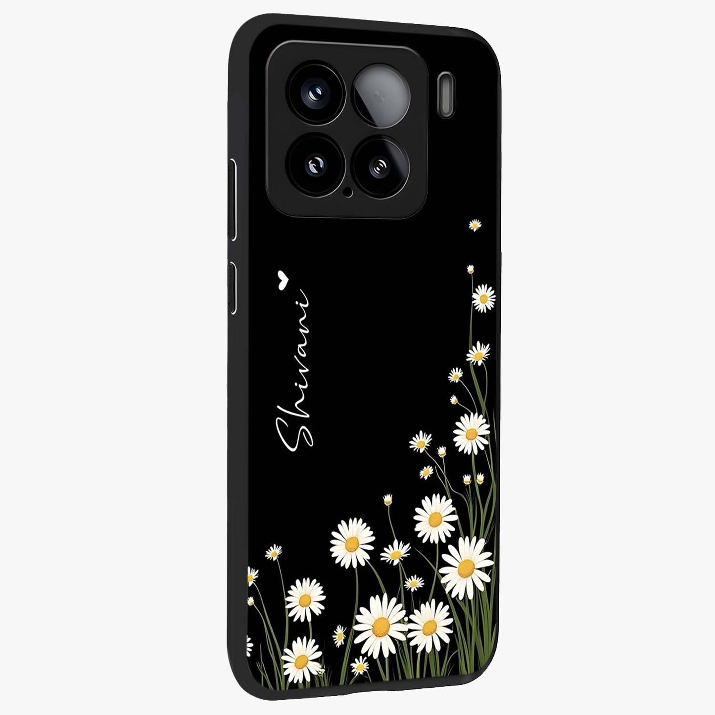Daisy Cascade Custom Name Glass Case upright view showcasing elegant floral cascade design with personalized aesthetic.