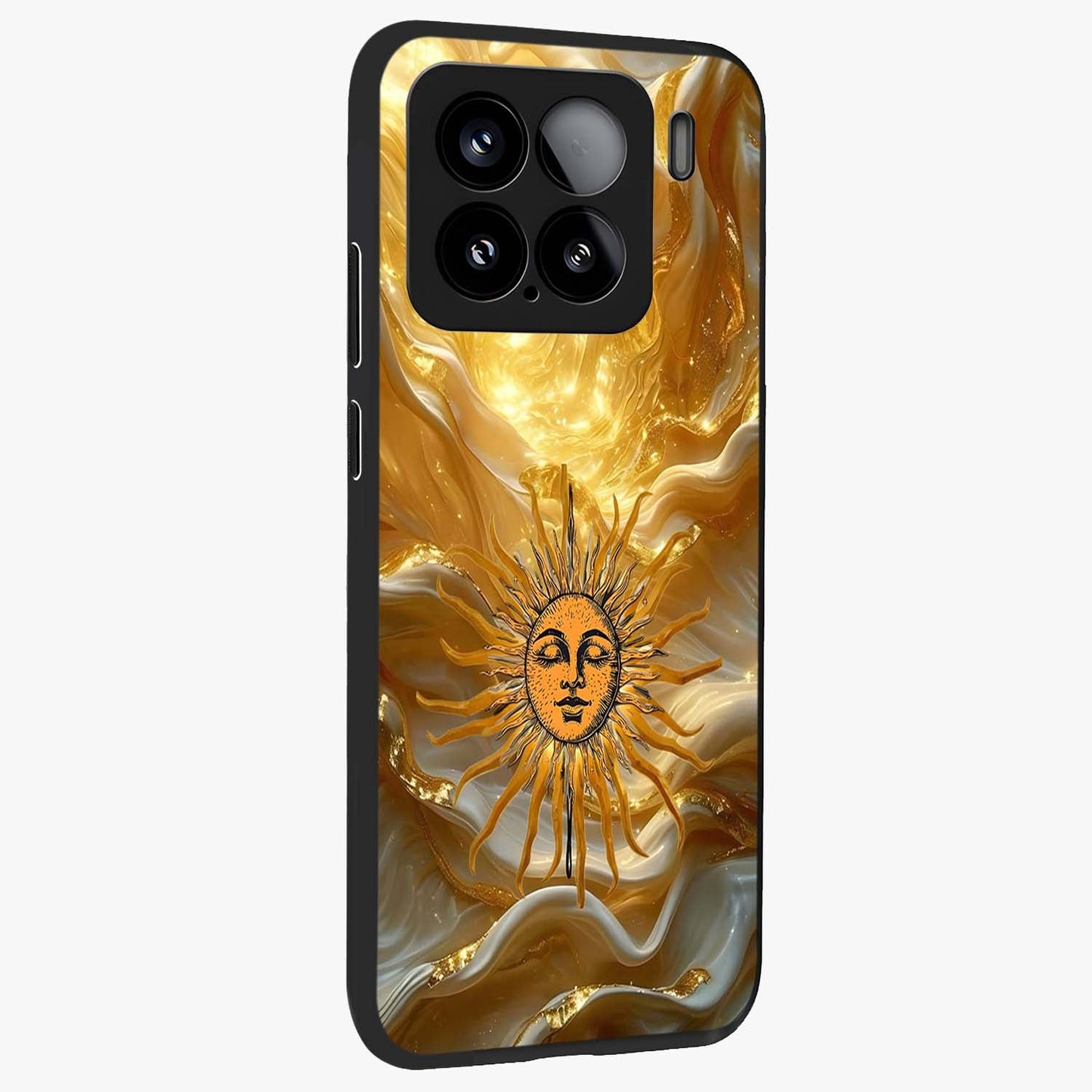 Eternal Golden Glow Glass Case upright view showcasing luminous golden artwork with luxurious visual theme.