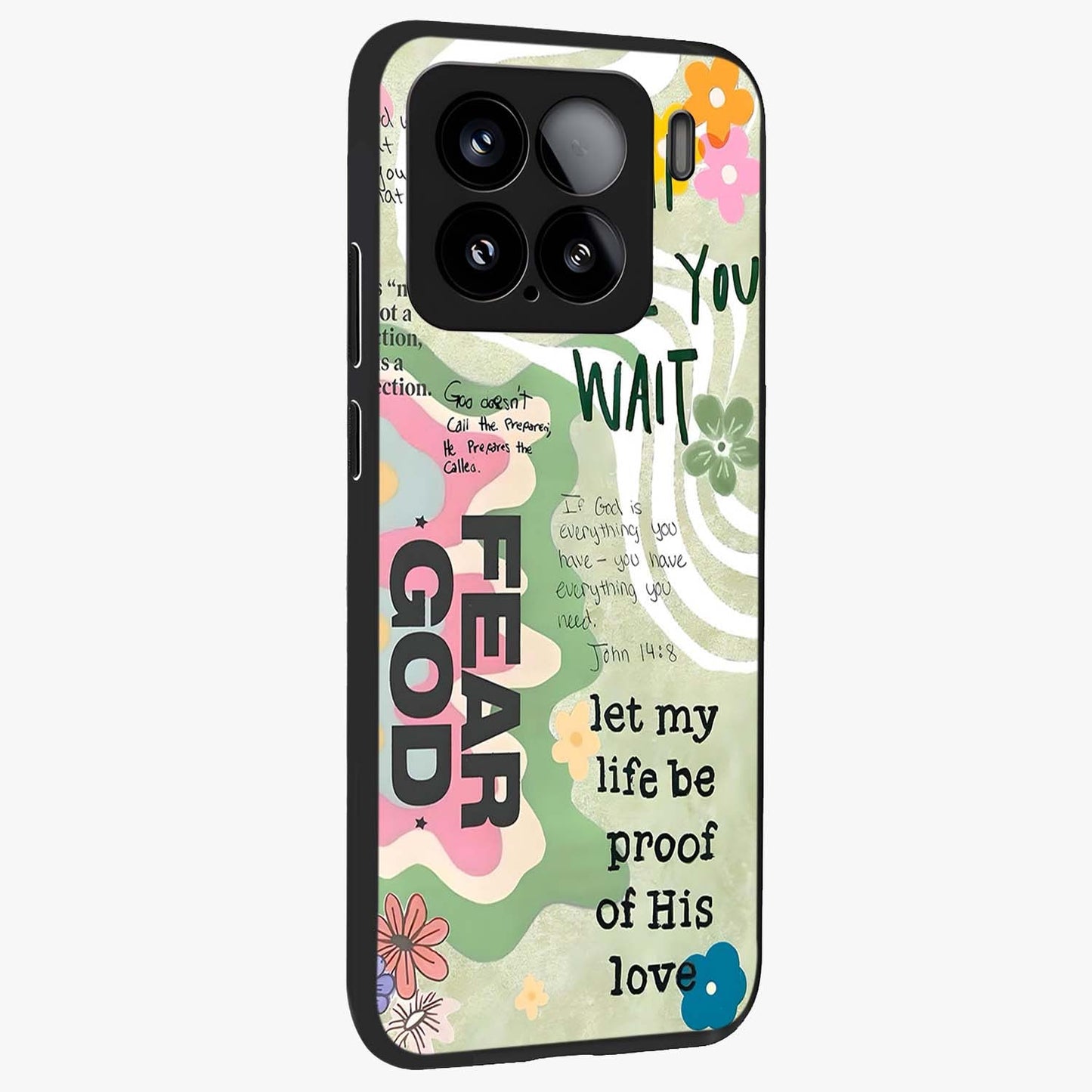 Faith Over Fear Glass Case upright view showcasing bold typography artwork with uplifting motivational theme.