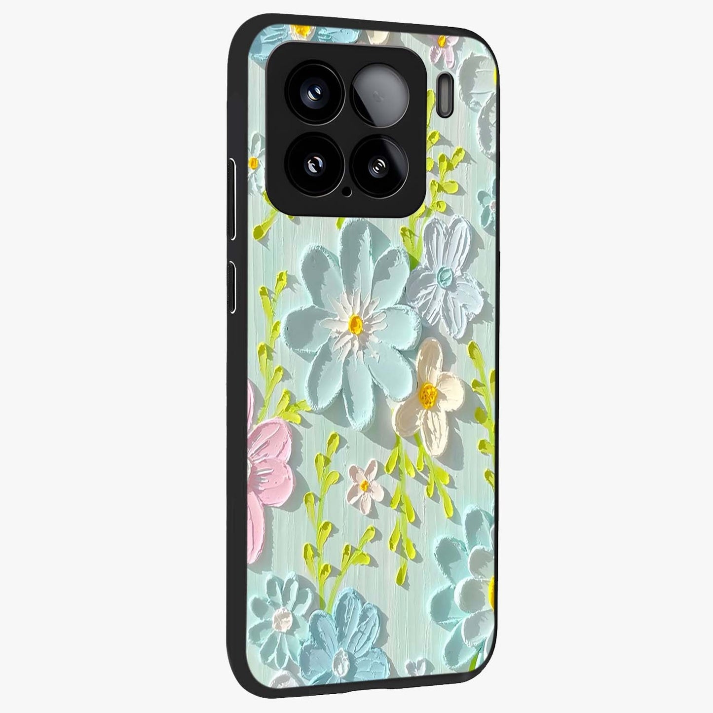 Frosted Petal Garden Glass Case upright view showcasing elegant floral garden artwork with soothing pastel theme.