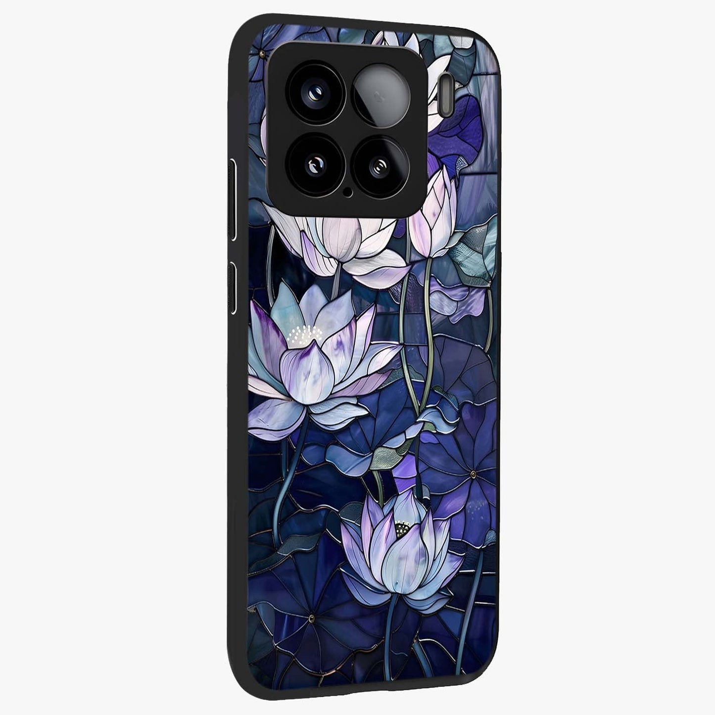 Gloss Petal Rush Glass Case upright view showcasing dynamic floral petal artwork with modern botanical theme.