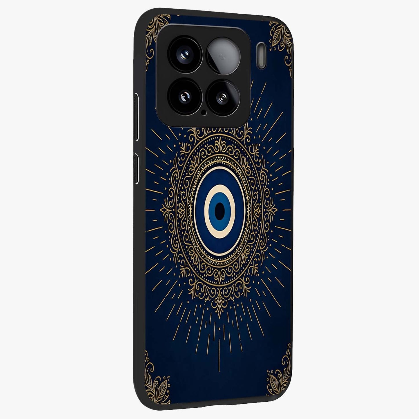 Golden Celestial Charm Glass Case upright view showcasing radiant celestial artwork with elegant golden theme.
