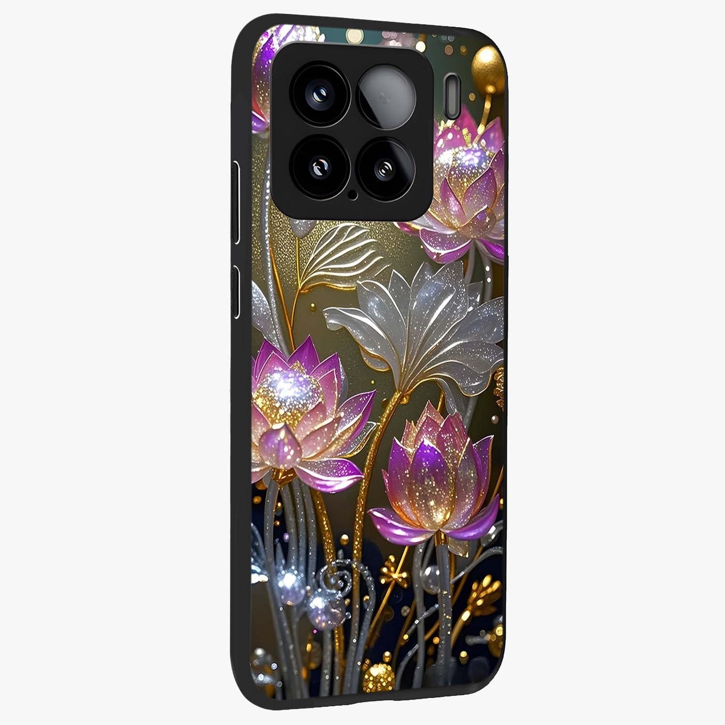 Golden Floral Majesty Glass Case upright view showcasing majestic floral artwork with rich decorative theme.