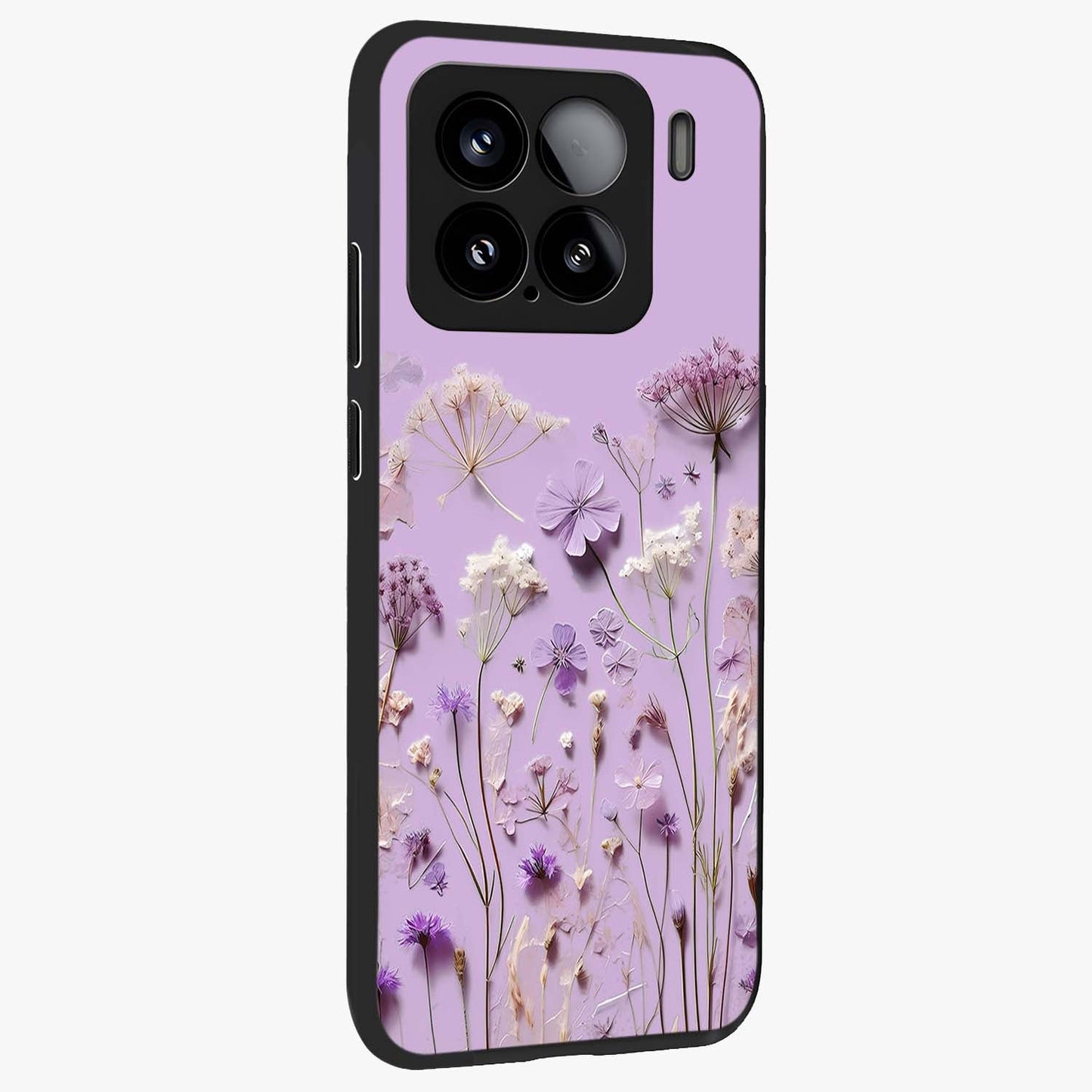 Lavender Blossom Dream Glass Case upright view showcasing delicate lavender blossom artwork with peaceful floral theme.