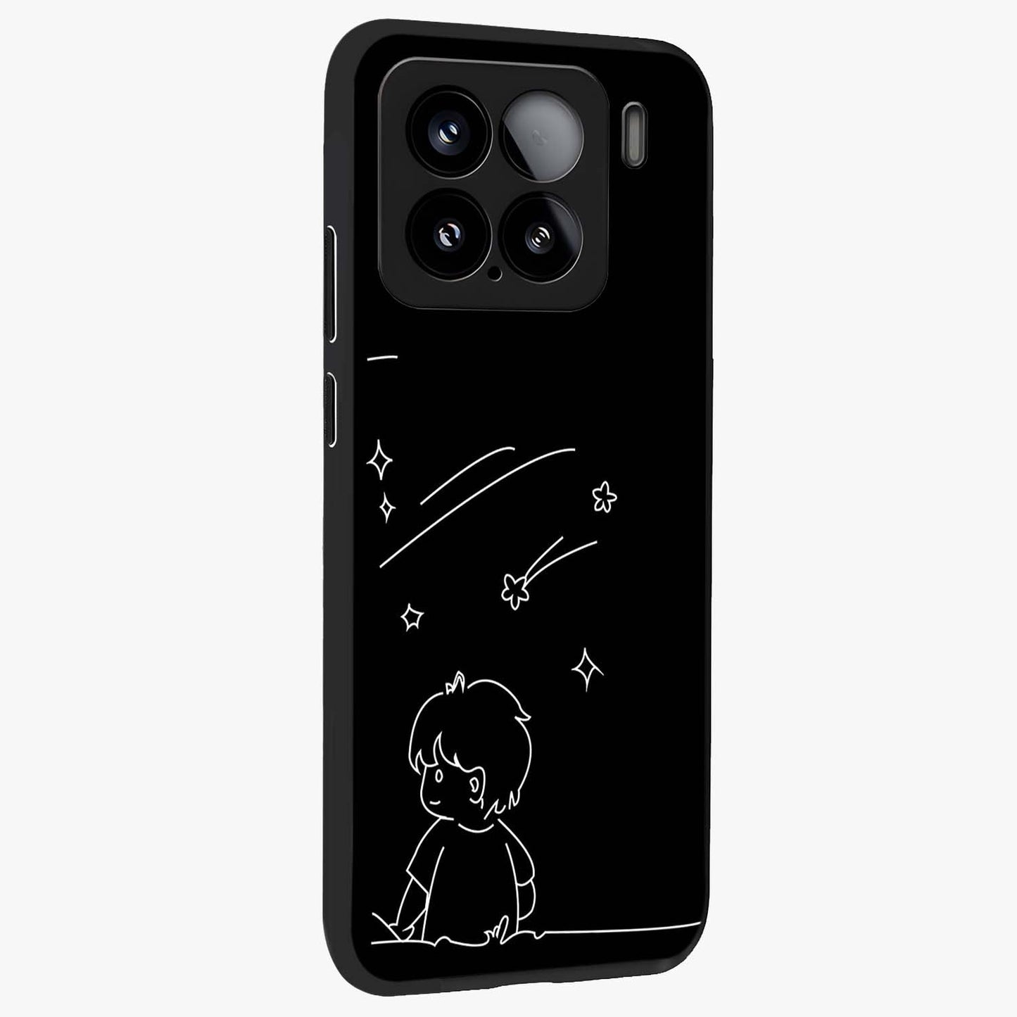 Line Art Boy With Shooting Stars Glass Case upright view showcasing artistic shooting star illustration with minimal style.