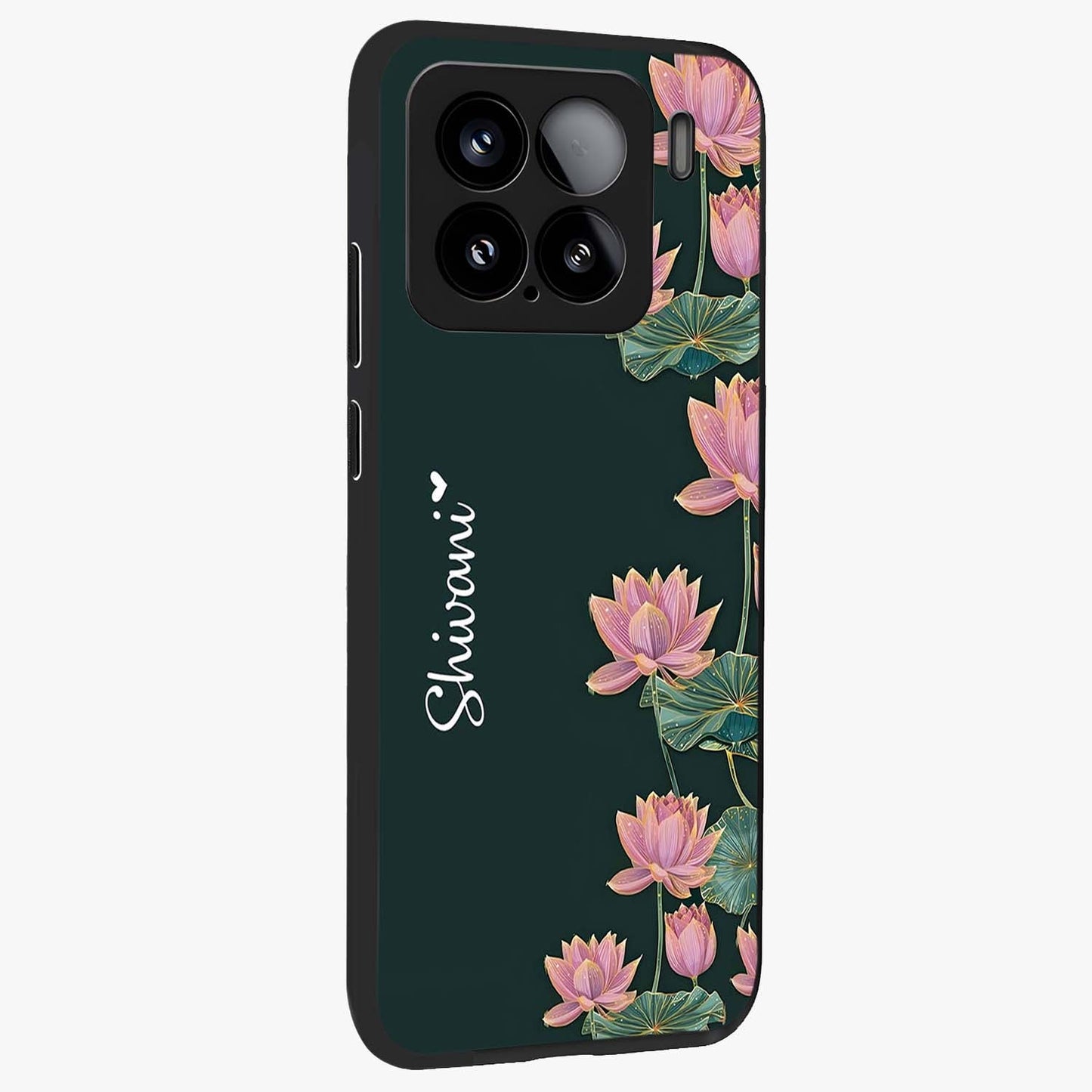 Lotus Bloom Serenity Custom Name Glass Case upright view showcasing serene lotus bloom artwork with personalized floral aesthetic.
