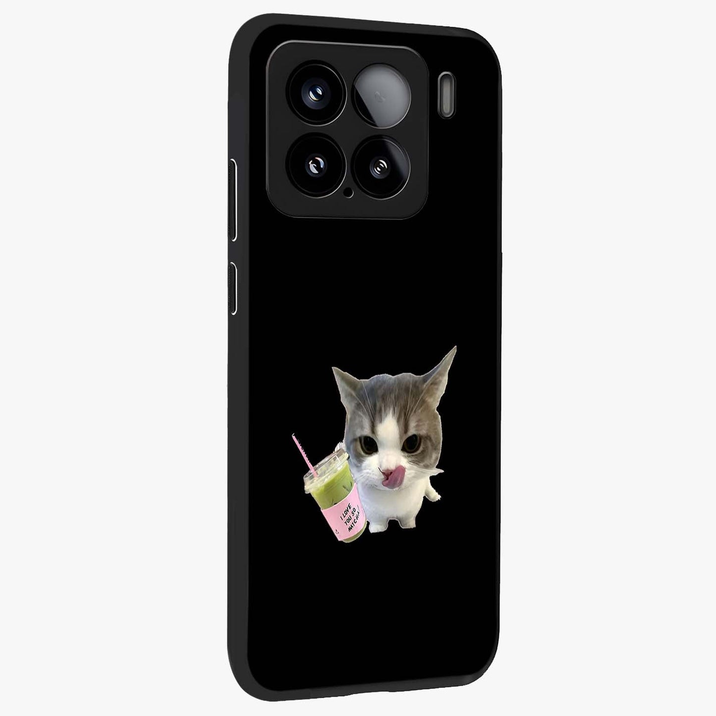Matcha Cat Style Glass Case upright view showcasing charming cat artwork with cozy aesthetic theme.