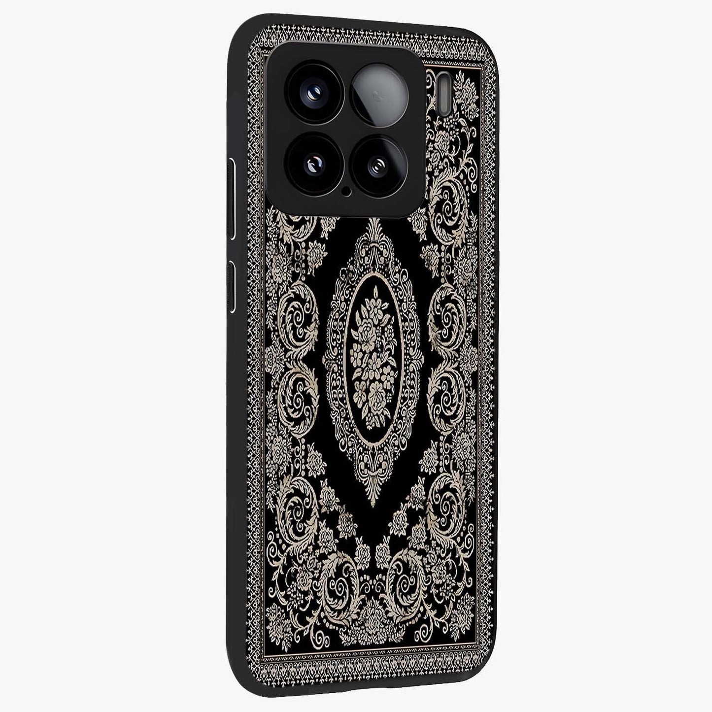 Noir Bloom Elegance Glass Case upright view showcasing graceful floral artwork with luxurious dark theme.