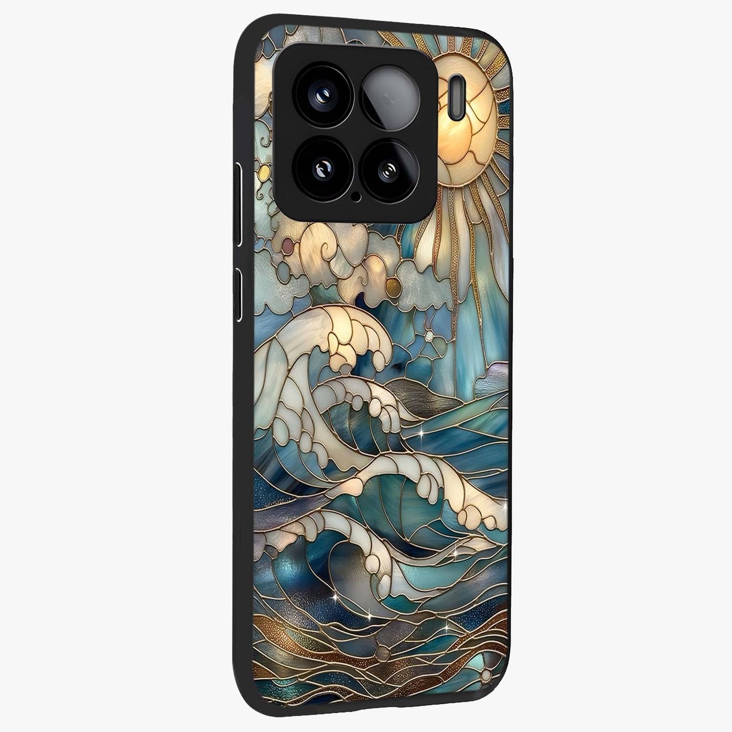 Oceanic Stained Printed Glass Case upright view showcasing decorative ocean pattern artwork with vibrant marine theme.