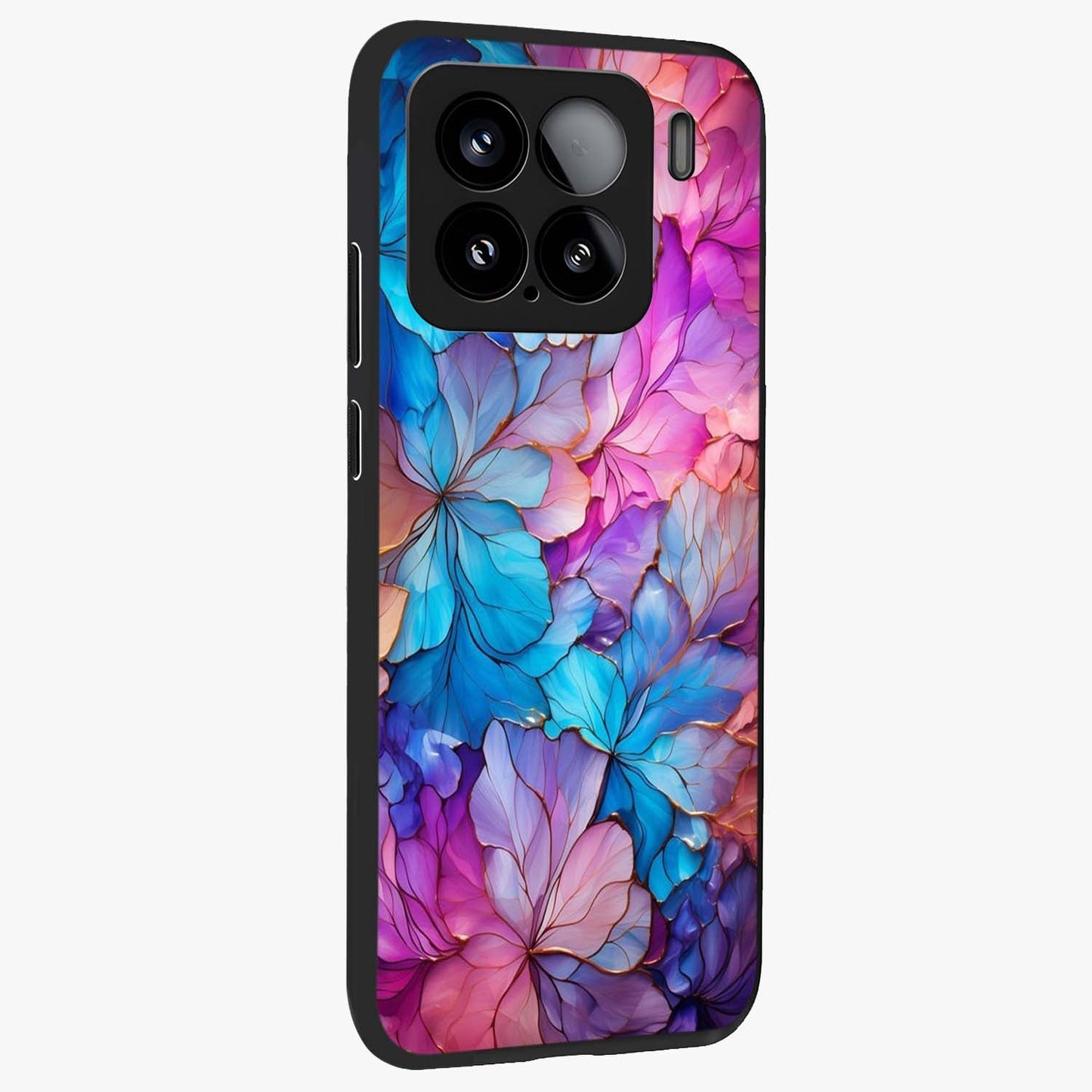 Radiant Floral Whirl Glass Case upright view showcasing lively floral artwork with decorative swirl theme.