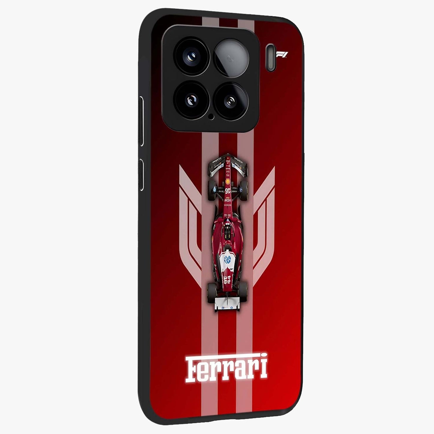 Red Ferrari F1 Vertical Glass Case upright view showcasing powerful Formula car artwork with dynamic motorsport theme.