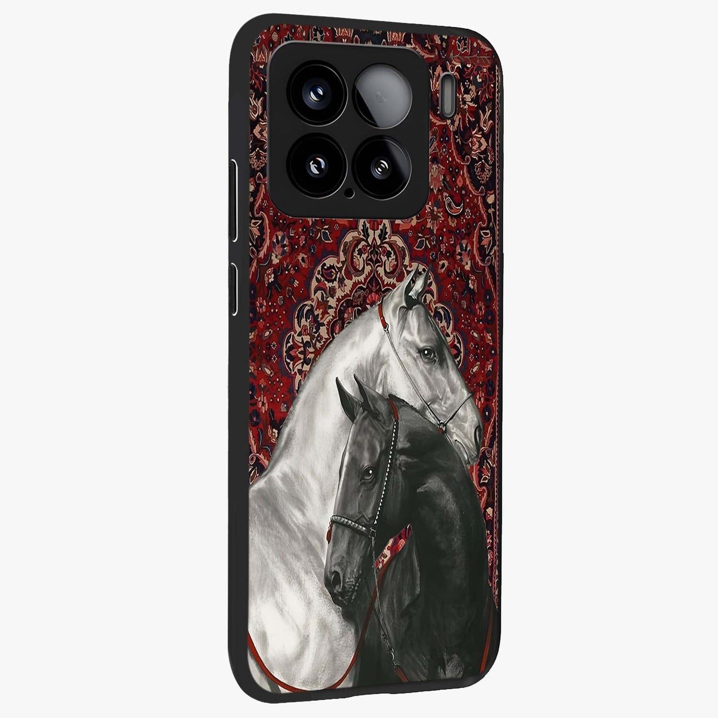 Regal Stallion Tapestry Glass Case upright view showcasing powerful horse artwork with elegant tapestry theme.