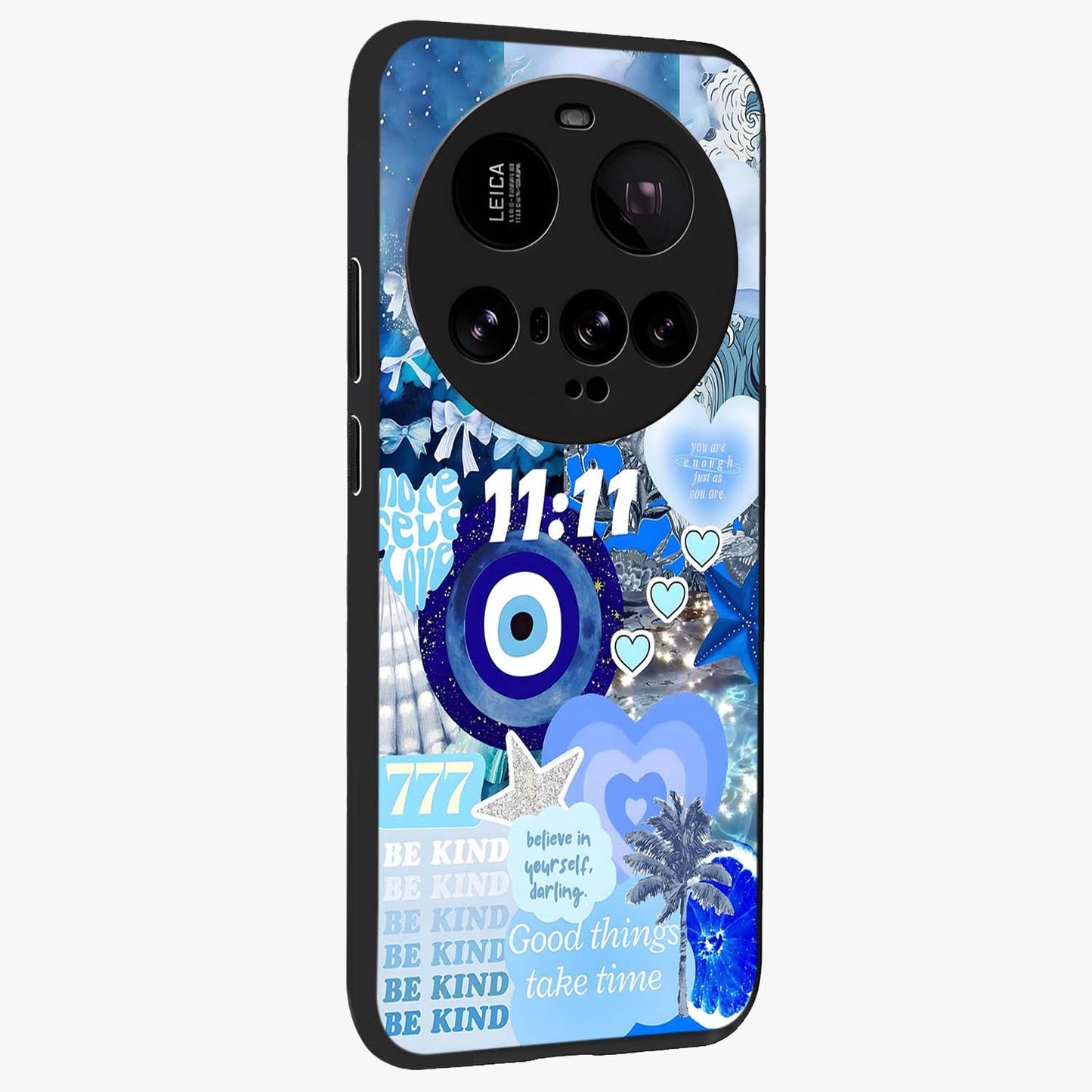 Aesthetic Be Kind Eye Glass Case upright view showcasing stylish eye illustration with positive message theme.
